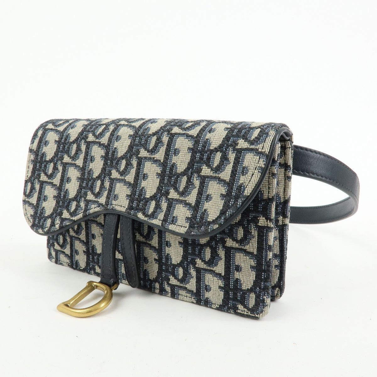 Christian Dior Saddle Belt Oblique Canvas Navy Canvas Handbag (Pre-Owned)