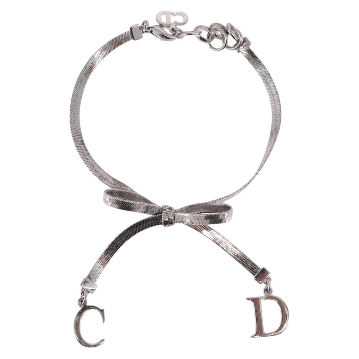 Christian Dior Vintage Ribbon Bow Snake Chain Metal Silver Metal Bracelet Jewelry (Pre-Owned)