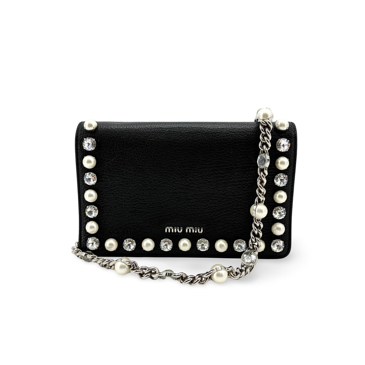 Miu Miu Crystal And Pearl Chain Clutch Embellished Leather Black Leather Clutche & Pouche Bag (Pre-Owned)