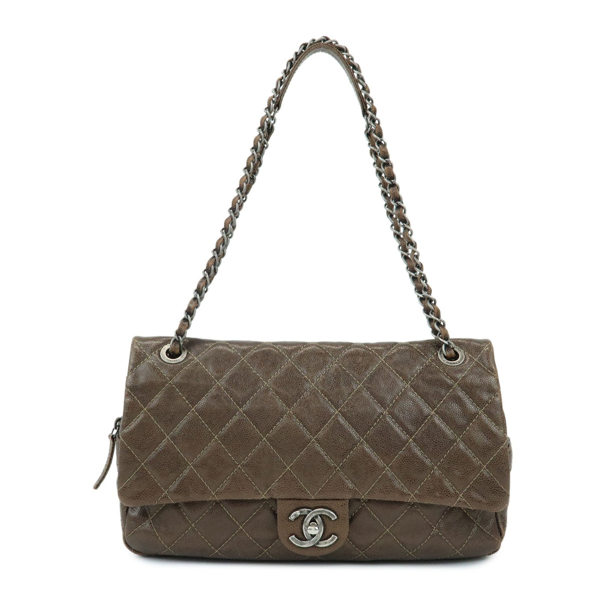Chanel Easy Flap Quilted Caviar Brown Leather Handbag (Pre-Owned)