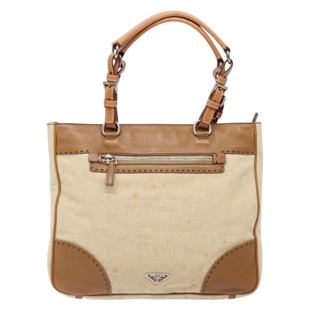 Prada Vintage Convertible Tote Canvas And Leather Beige Canvas Tote Bag Bag (Pre-Owned)