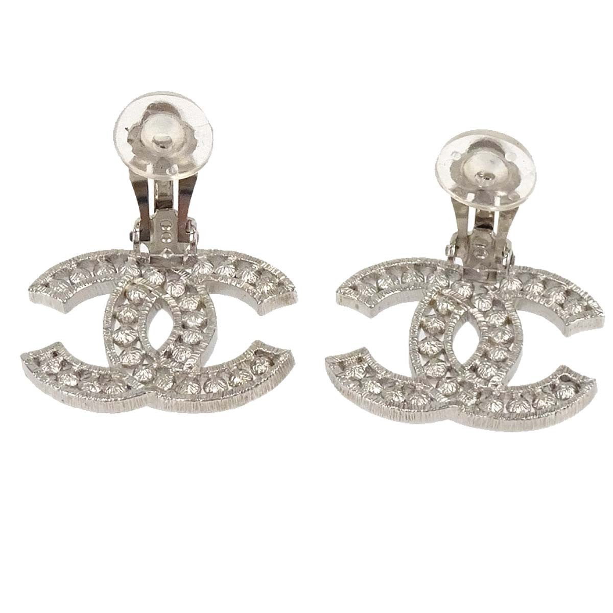 Chanel Cc Clip-On Metal With Crystals And Faux Pearls Silver Silver_Plated Earrings Jewelry (Pre-Owned)