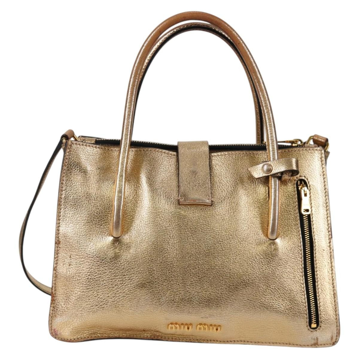 Miu Miu Madras Convertible Compartment Tote Leather Gold Leather Bag (Pre-Owned)