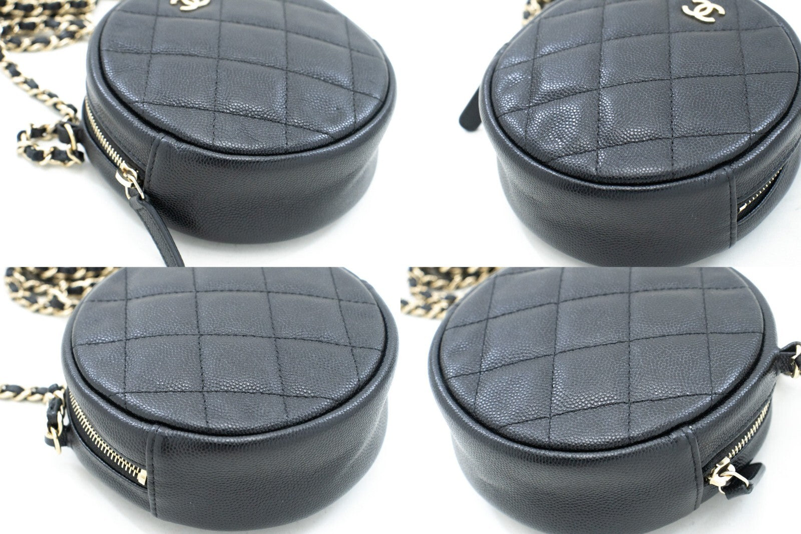 Chanel Round Compartment Clutch With Chain Quilted Caviar Leather Black Calfskin Clutche & Pouche Bag (Pre-Owned)