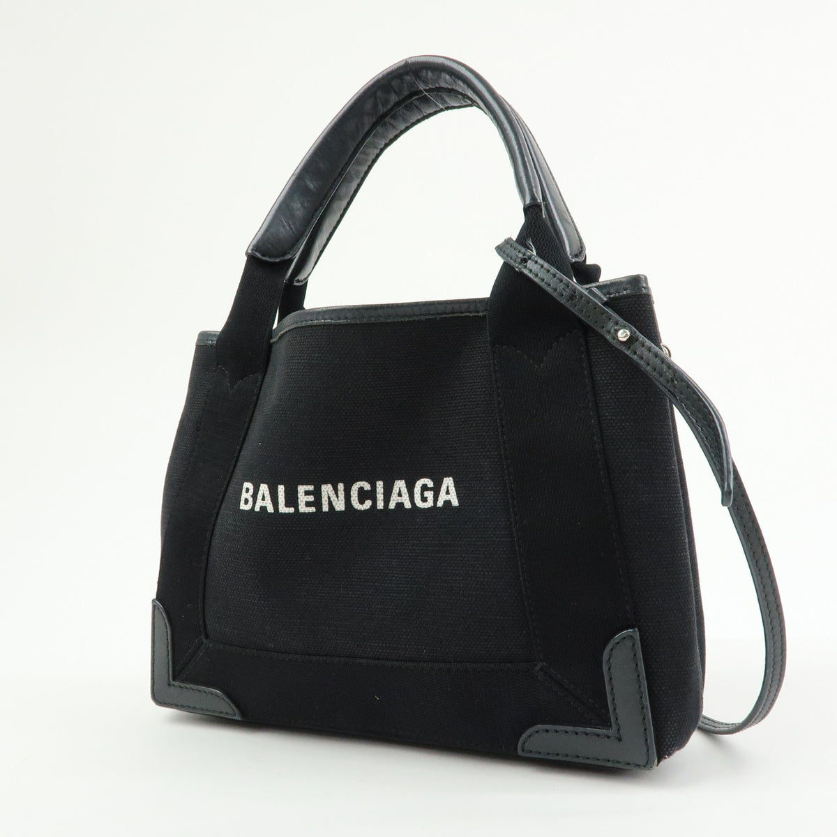 Balenciaga Navy Cabas Canvas With Leather Black Canvas Tote Bag Bag (Pre-Owned)