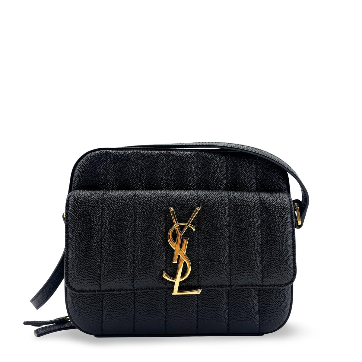 Saint Laurent Vicky Camera Vertical Quilted Leather Black Leather Shoulder Bag Bag (Pre-Owned)