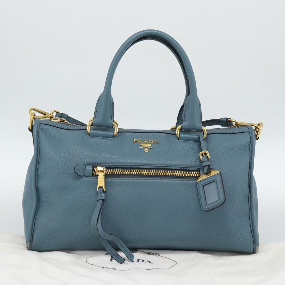 Prada Front Zip Convertible Satchel Vitello Phenix Blue Leather Handbag (Pre-Owned)