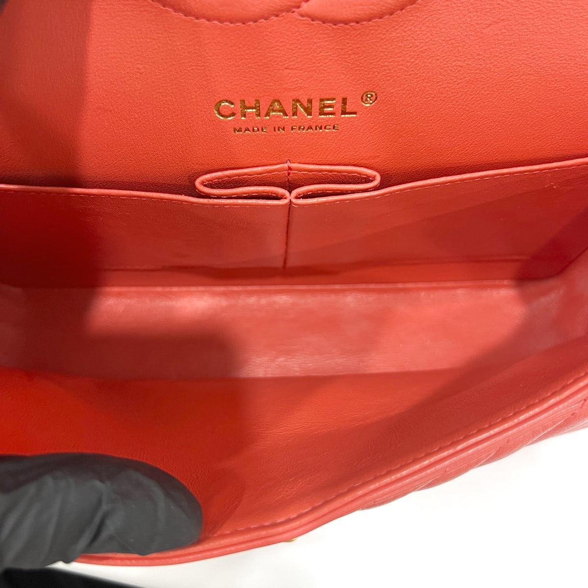 Chanel Classic Double Flap Chevron Lambskin Red Leather Handbag (Pre-Owned)