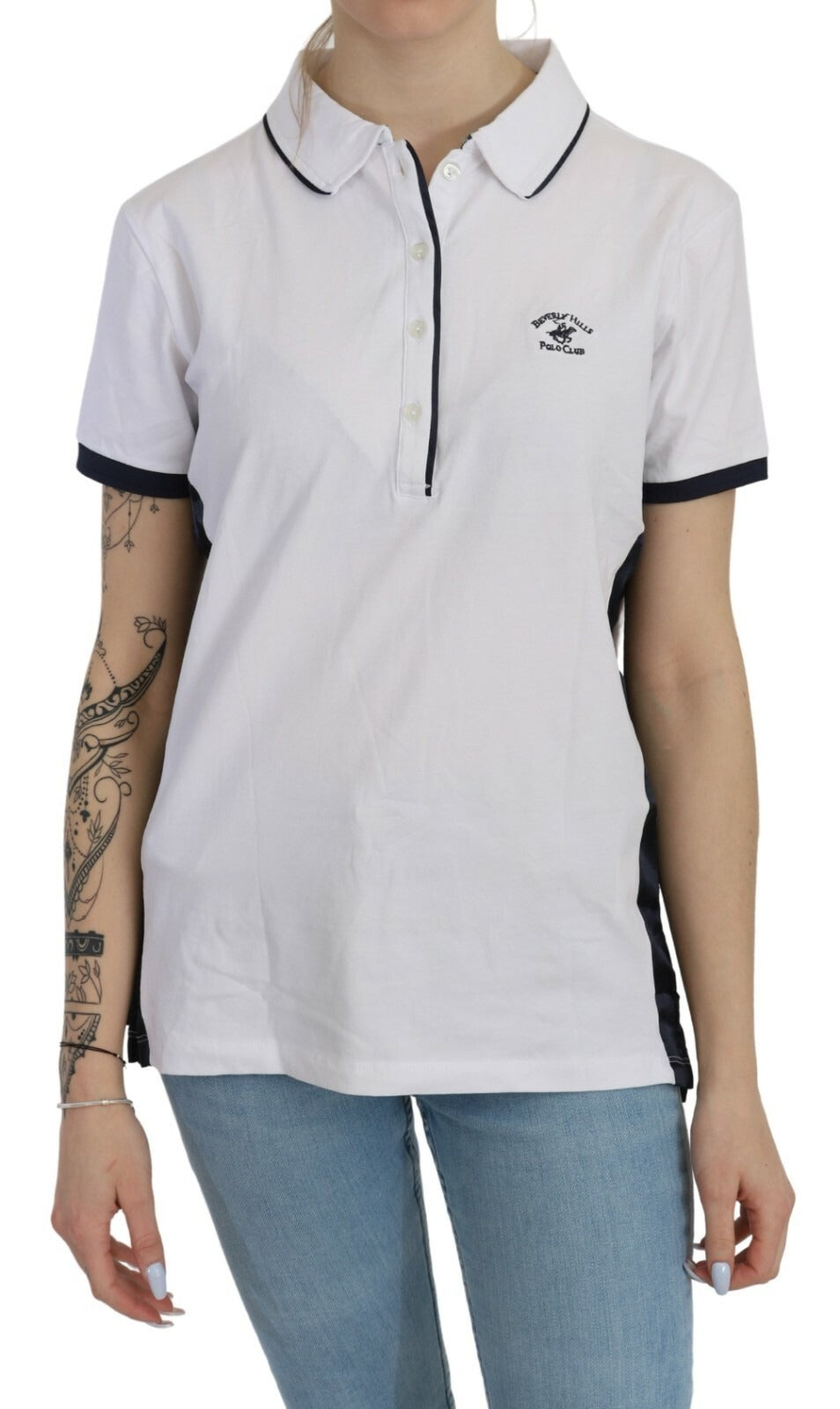 Beverly Hills Cotton White Collared Short Sleeve Women's Top