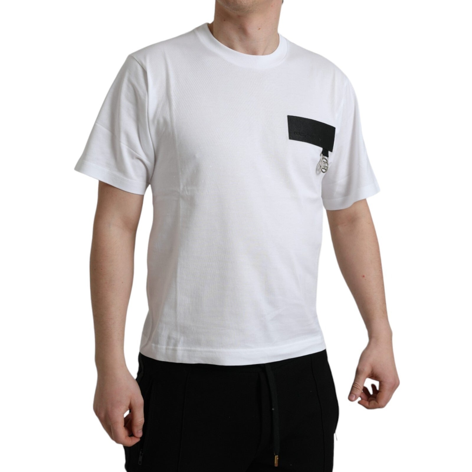 Dolce & Gabbana White Logo Patch Cotton Crew Neck Men's T-shirt (Pre-Owned)