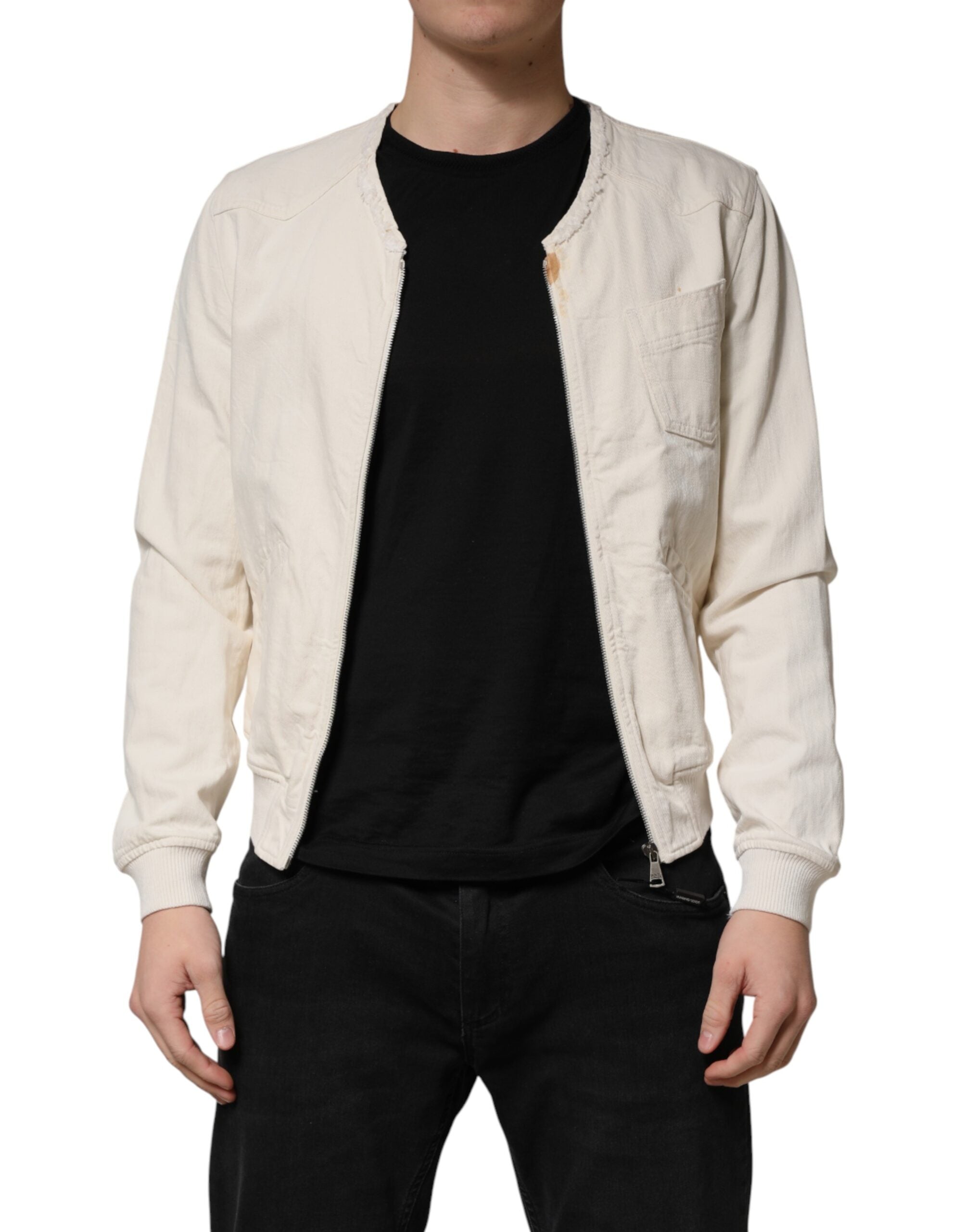 Dolce & Gabbana Off White Cotton Full Zip Denim Men Blouson Men's Jacket (Pre-Owned)