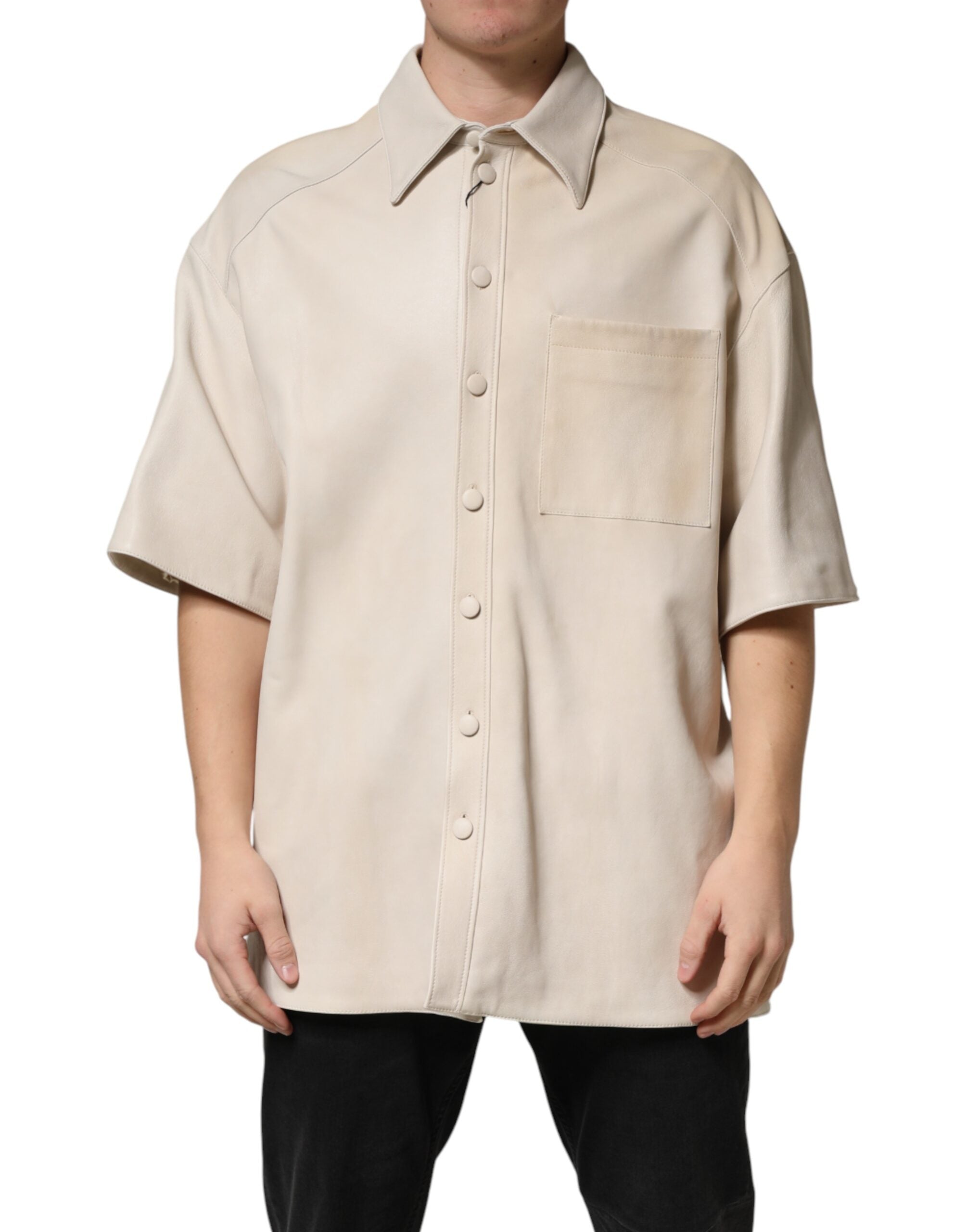 Dolce & Gabbana Beige Leather Button Down Men Casual Men's Shirt (Pre-Owned)