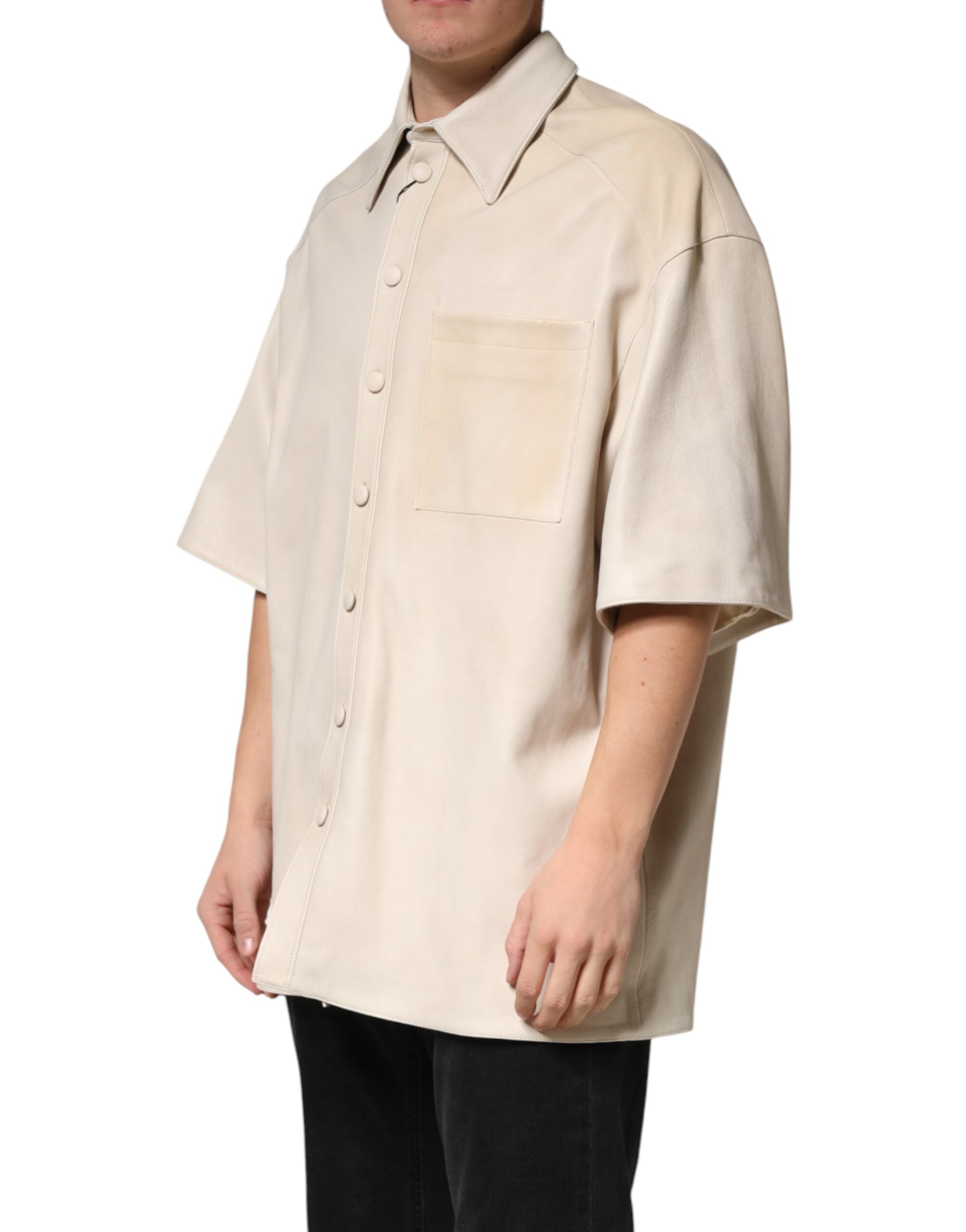 Dolce & Gabbana Beige Leather Button Down Men Casual Men's Shirt (Pre-Owned)