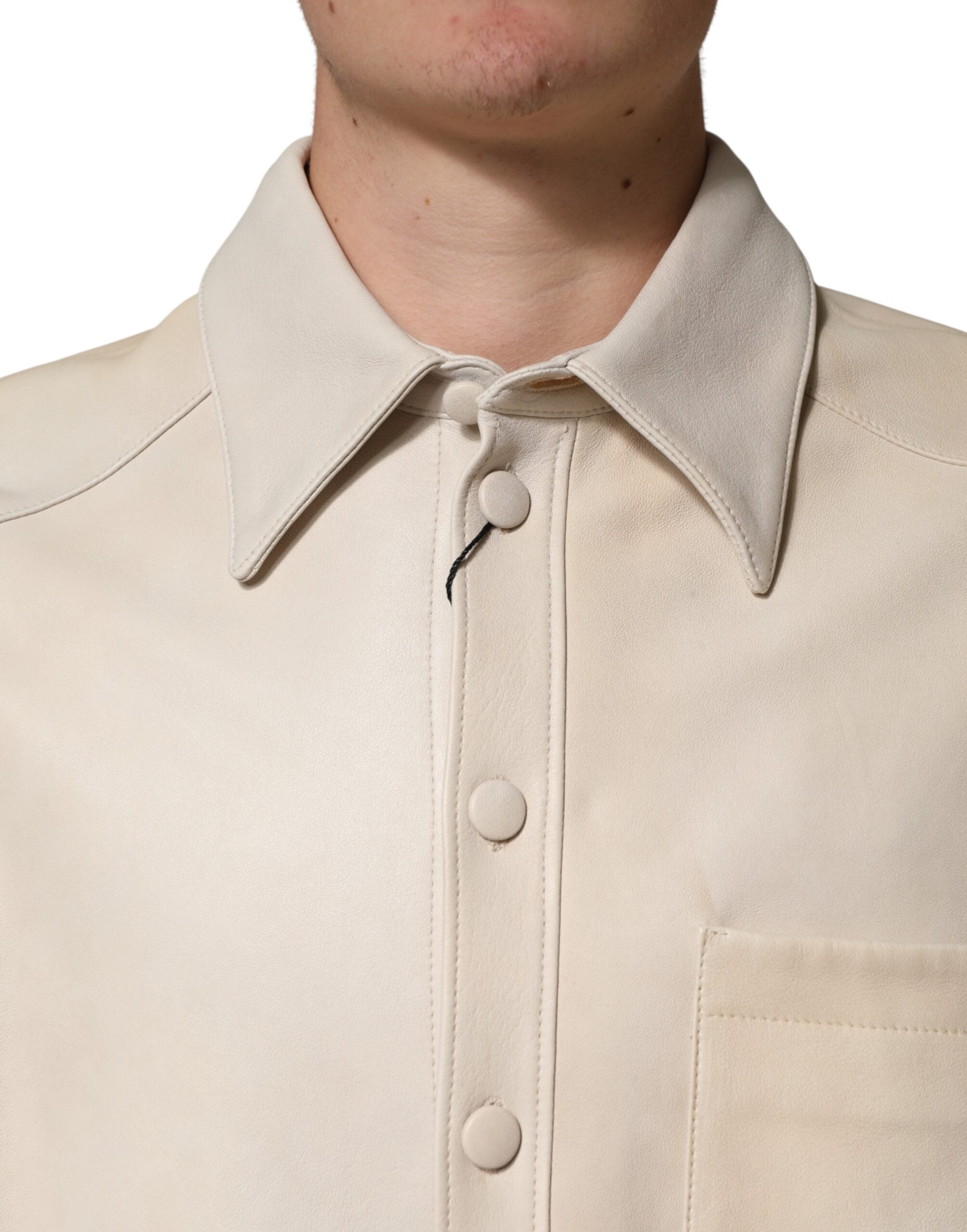 Dolce & Gabbana Beige Leather Button Down Men Casual Men's Shirt (Pre-Owned)