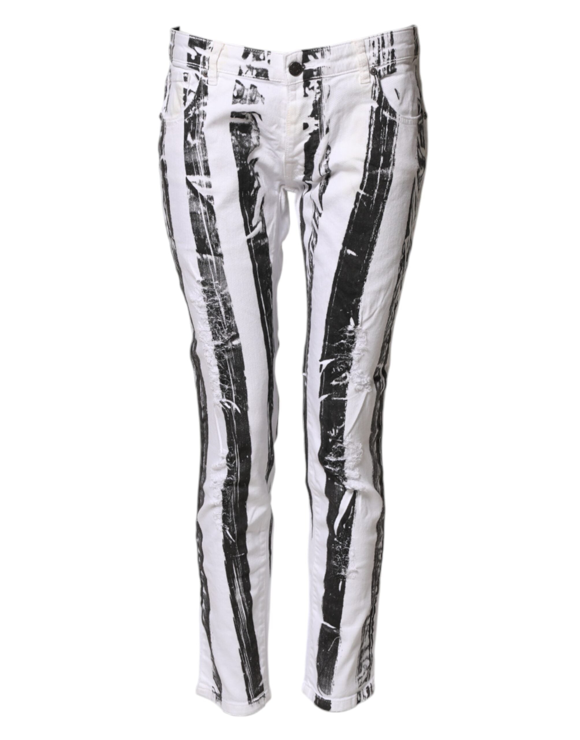 Gaelle Paris Black White Stripes Mid Waist Cropped Capri Women's Jeans (Pre-Owned)