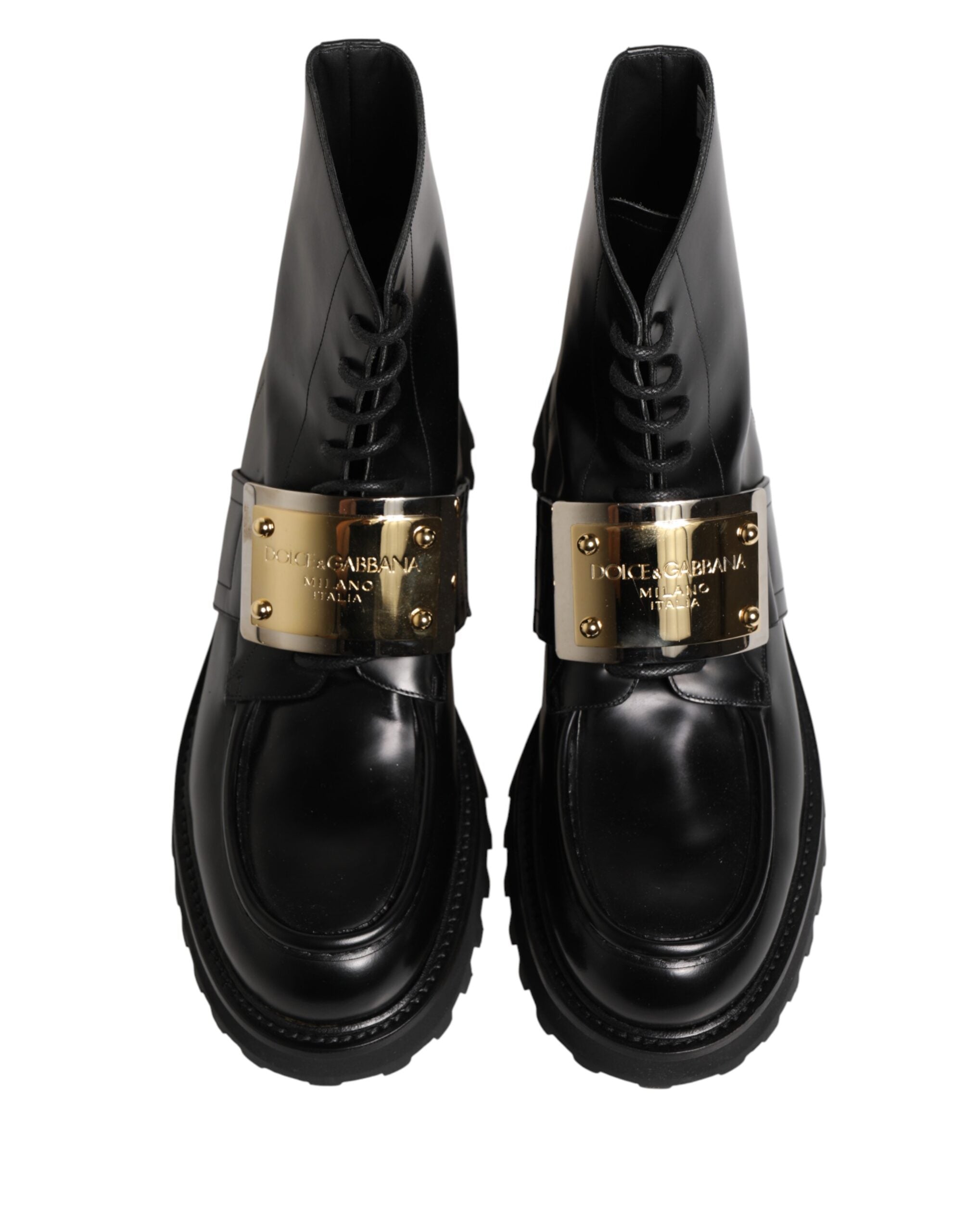 Dolce & Gabbana Black Leather DG Plaque Lace Up Boots Men's Shoes