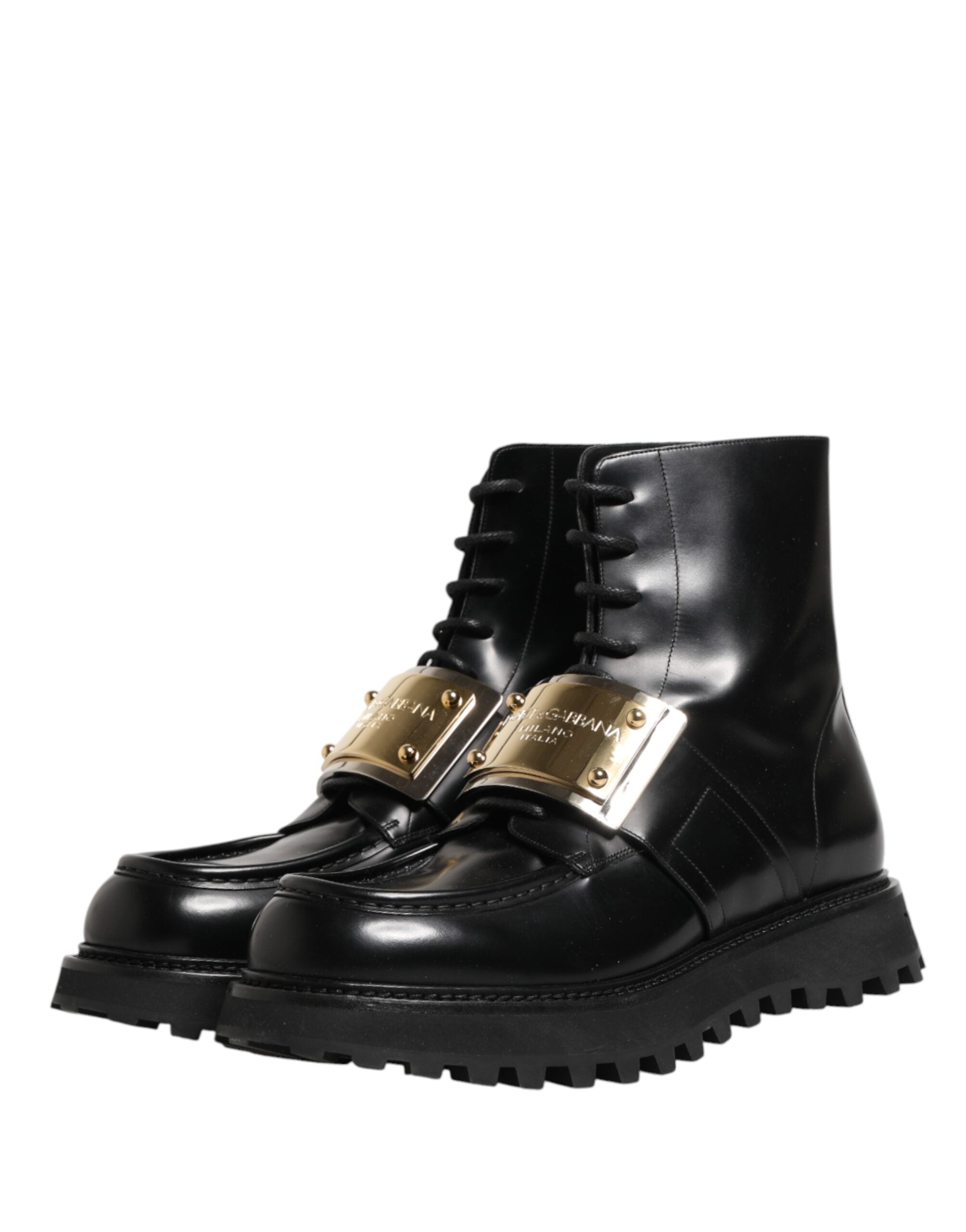 Dolce & Gabbana Black Leather DG Plaque Lace Up Boots Men's Shoes