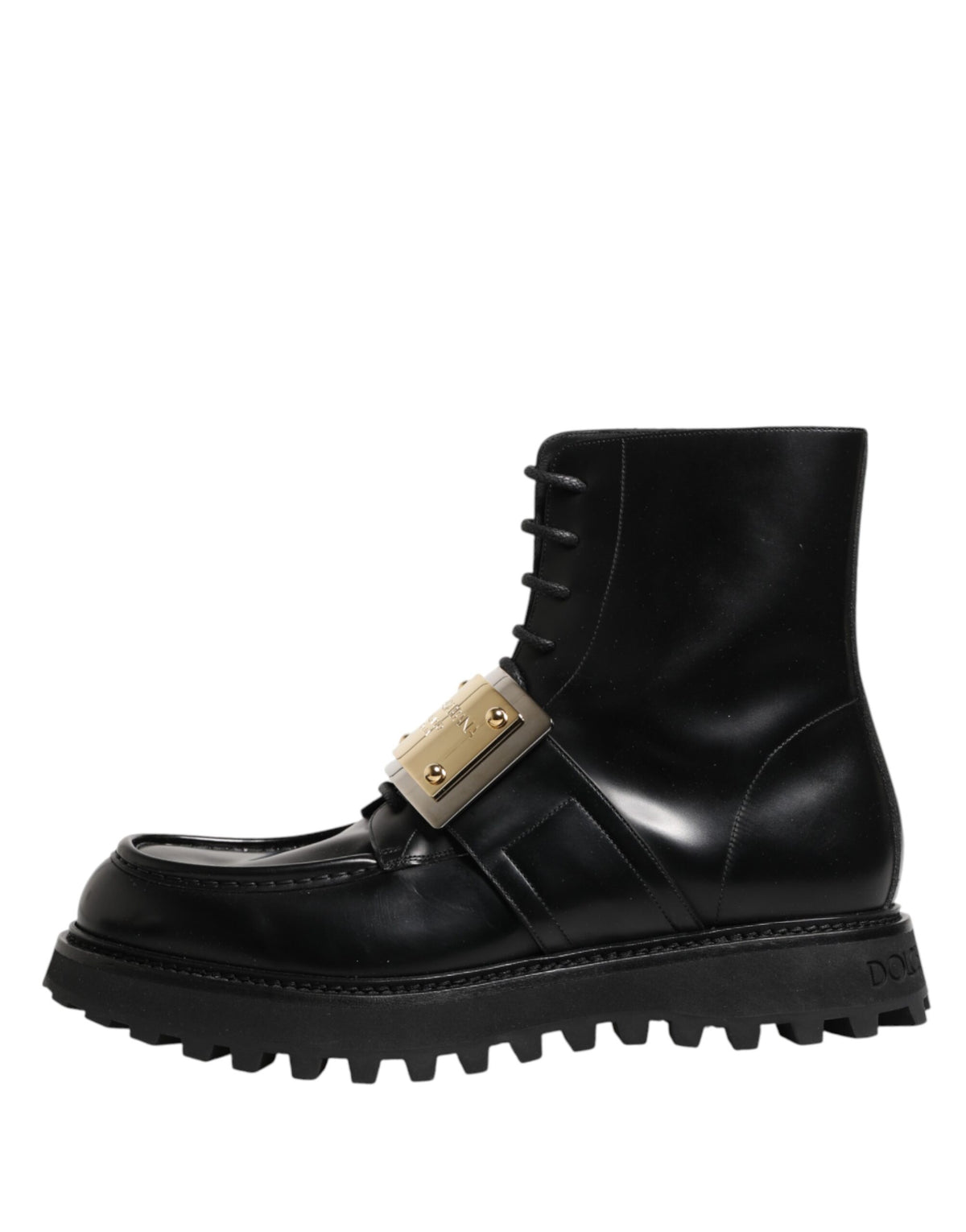 Dolce & Gabbana Black Leather DG Plaque Lace Up Boots Men's Shoes