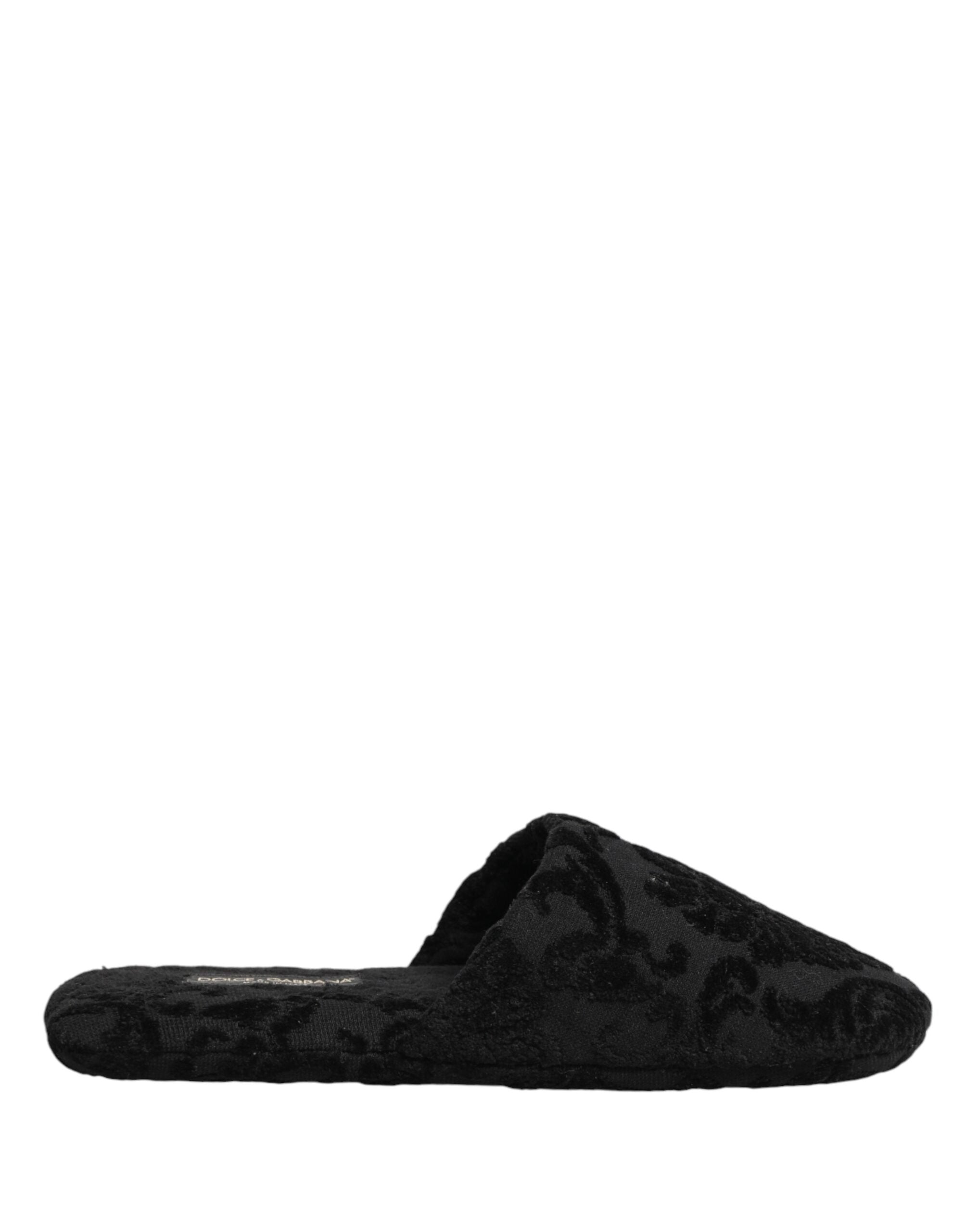 Dolce & Gabbana Black Logo Embroidered Slippers Flats Men's Shoes