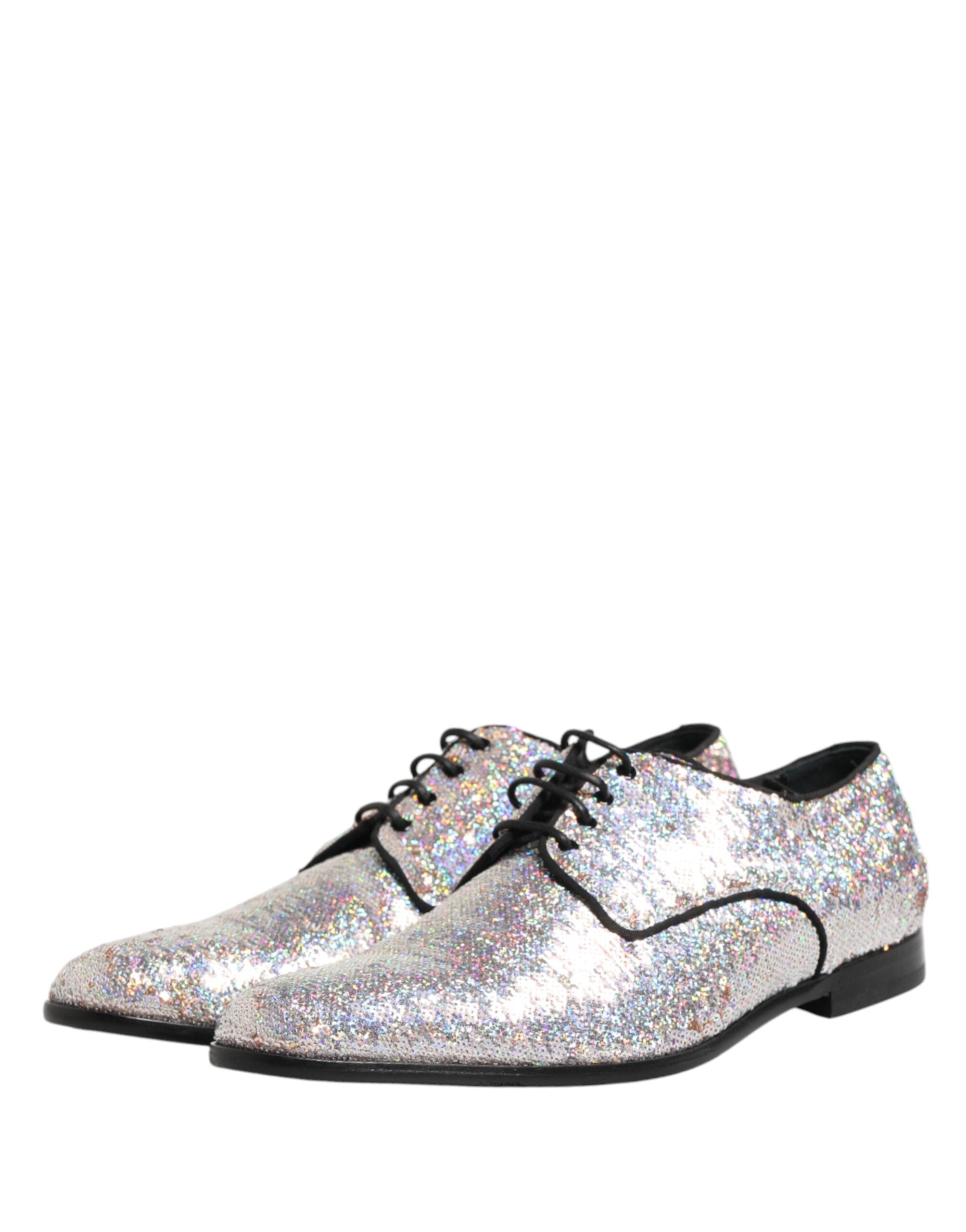 Dolce & Gabbana Silver Sequined Lace Up Men Derby Dress Men's Shoes