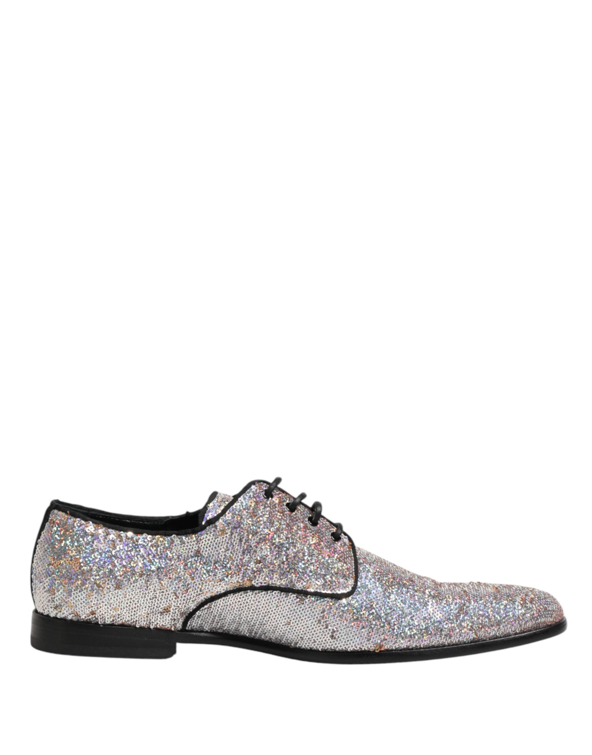 Dolce & Gabbana Silver Sequined Lace Up Men Derby Dress Men's Shoes