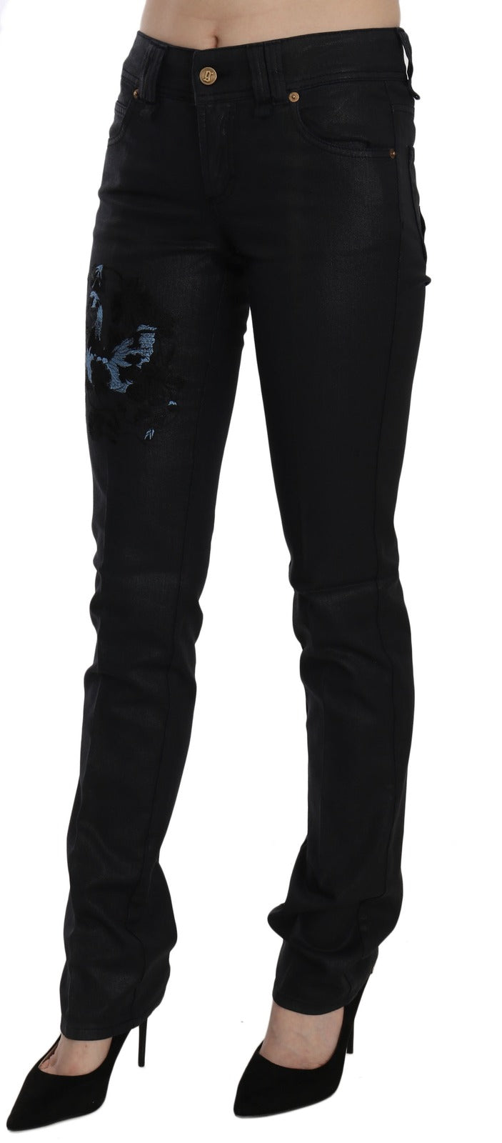 John Galliano Black Swan Floral Embroidered Mid Waist Skinny Denim Women's Jeans