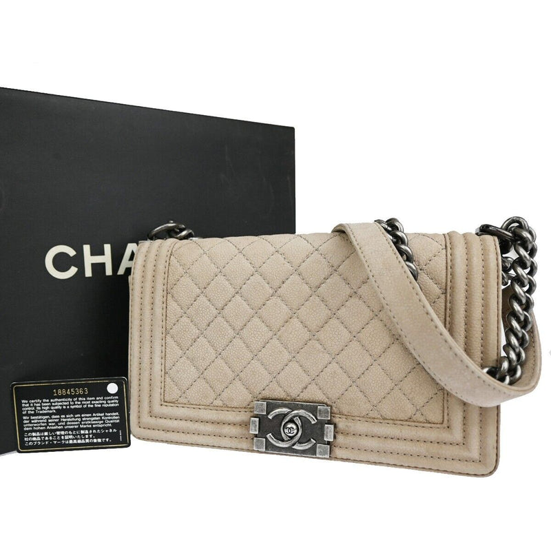 Chanel Boy Beige Leather Shoulder Bag (Pre-Owned)