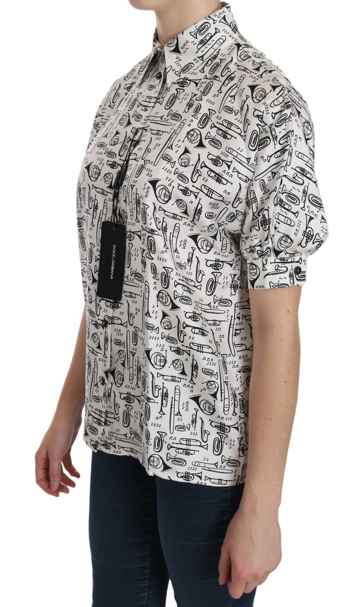 Dolce & Gabbana White Musical Instrument Collared Blouse  Women's Shirt