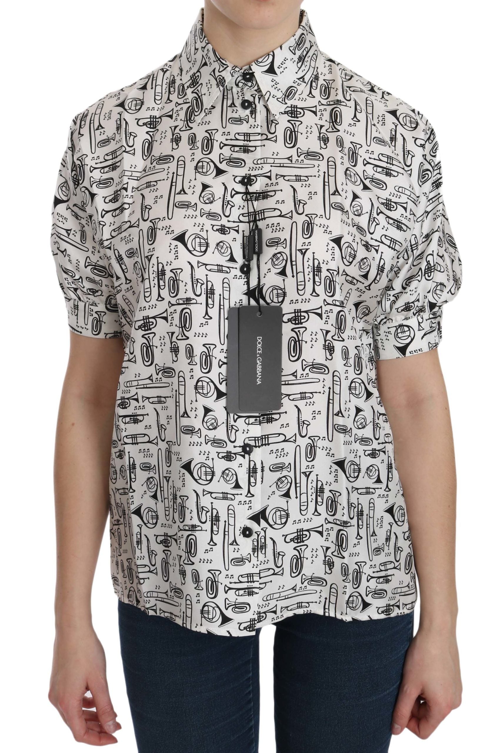 Dolce & Gabbana White Musical Instrument Collared Blouse  Women's Shirt