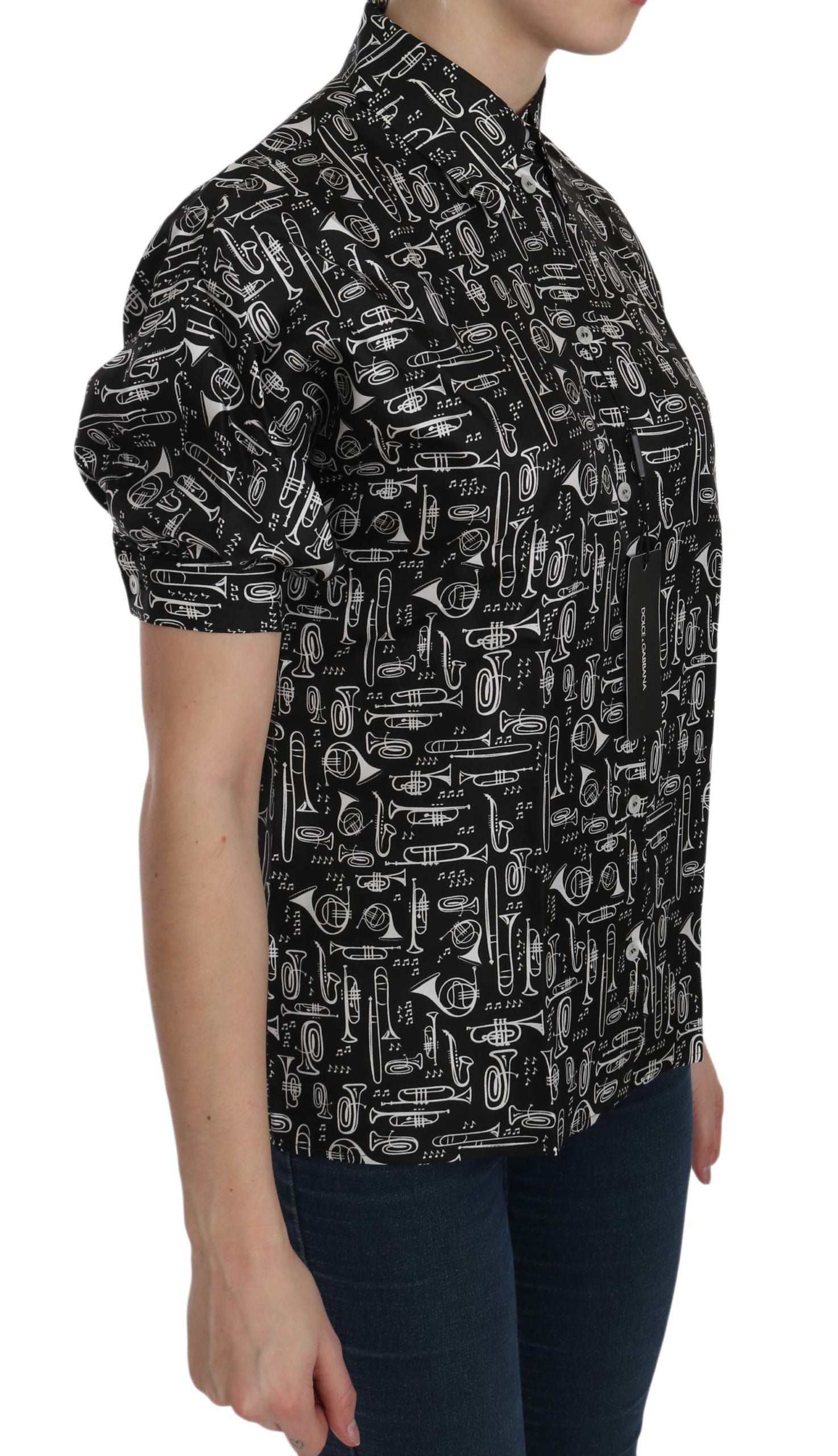 Dolce & Gabbana Black Musical Instrument Collared Blouse Women's Shirt