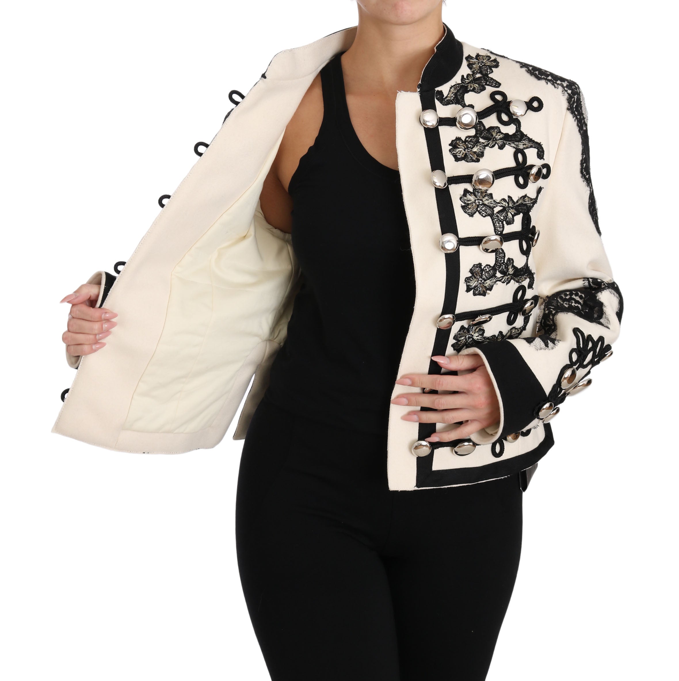 Dolce & Gabbana White Wool Black Floral Baroque Women's Jacket