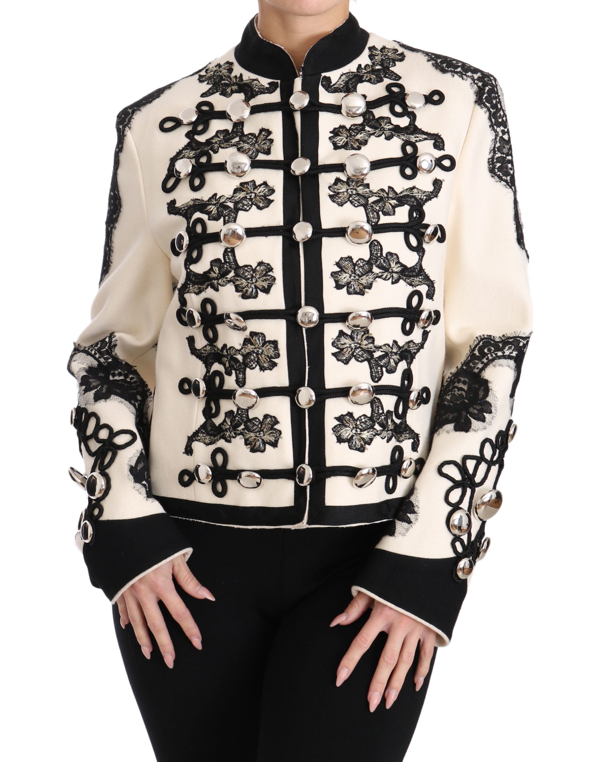 Dolce & Gabbana White Wool Black Floral Baroque Women's Jacket