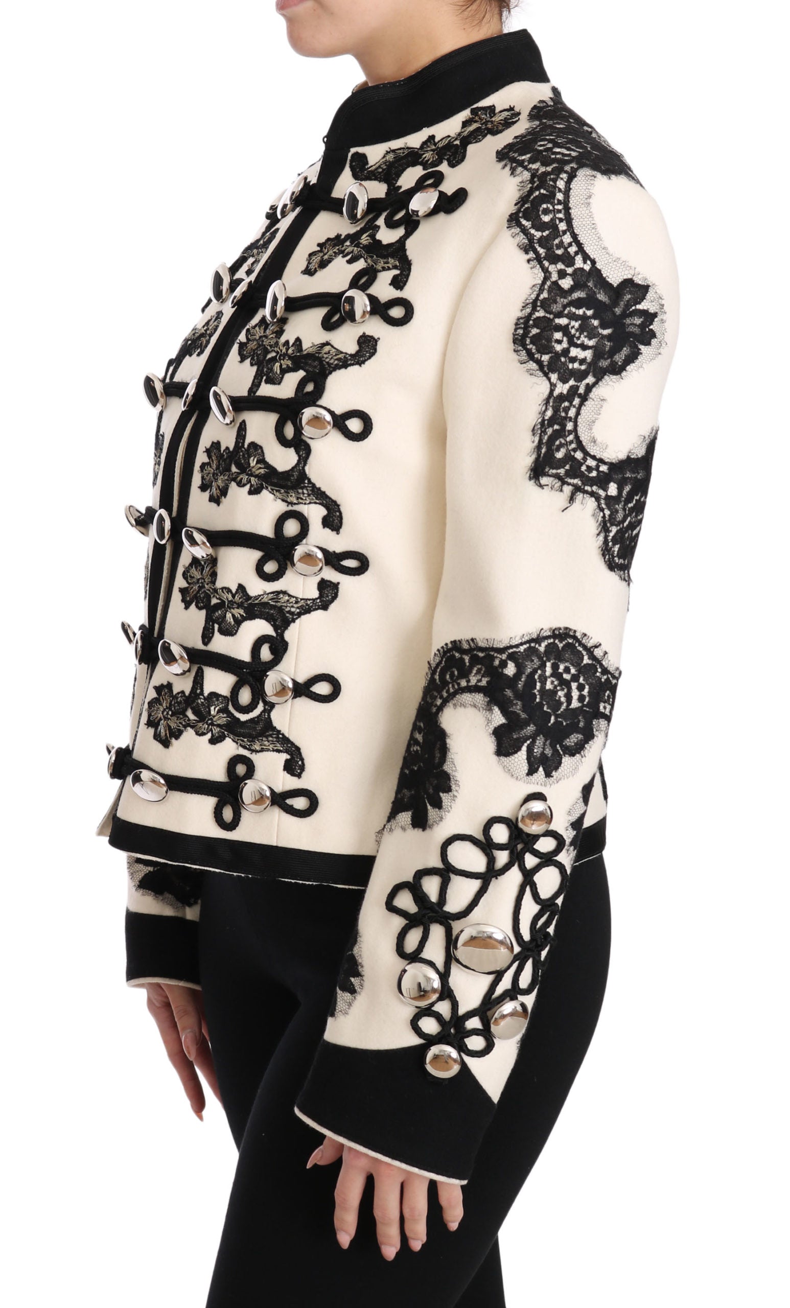 Dolce & Gabbana White Wool Black Floral Baroque Women's Jacket