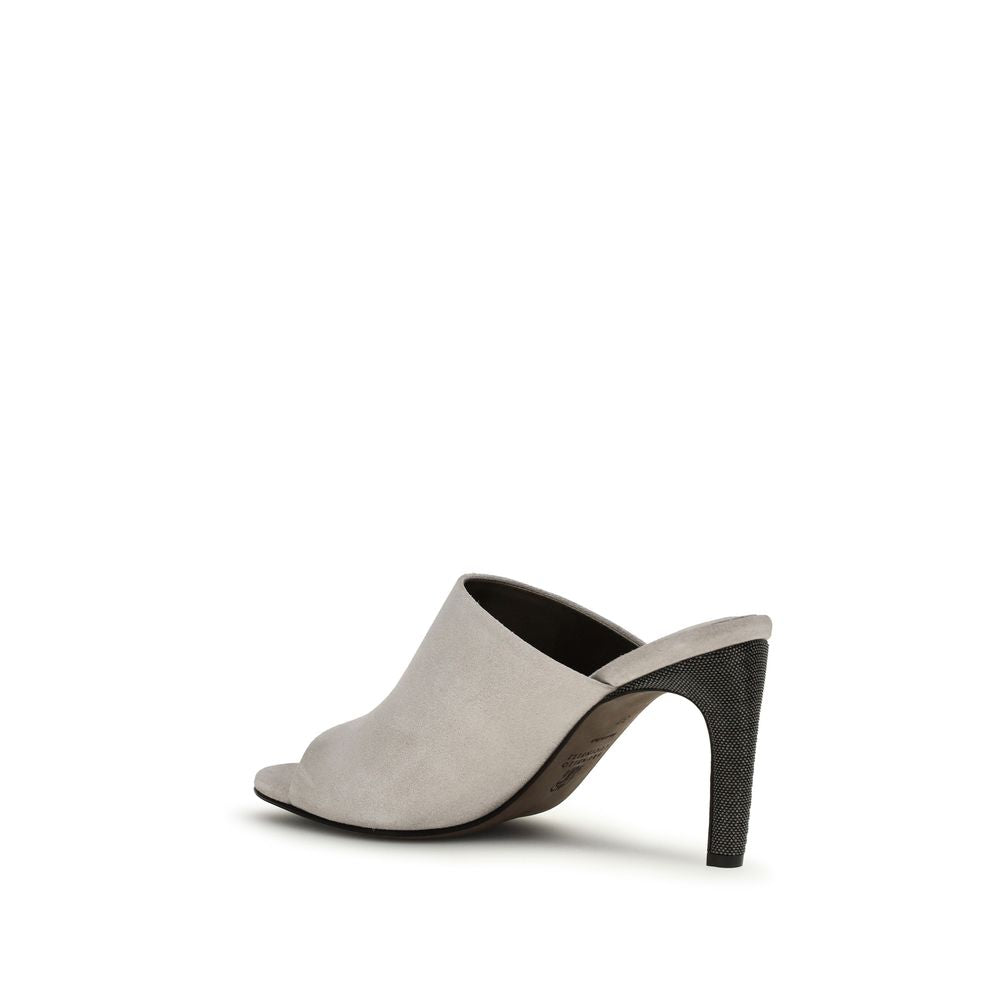 Brunello Cucinelli Gray Calf Leather Bos Taurus Women's Mules