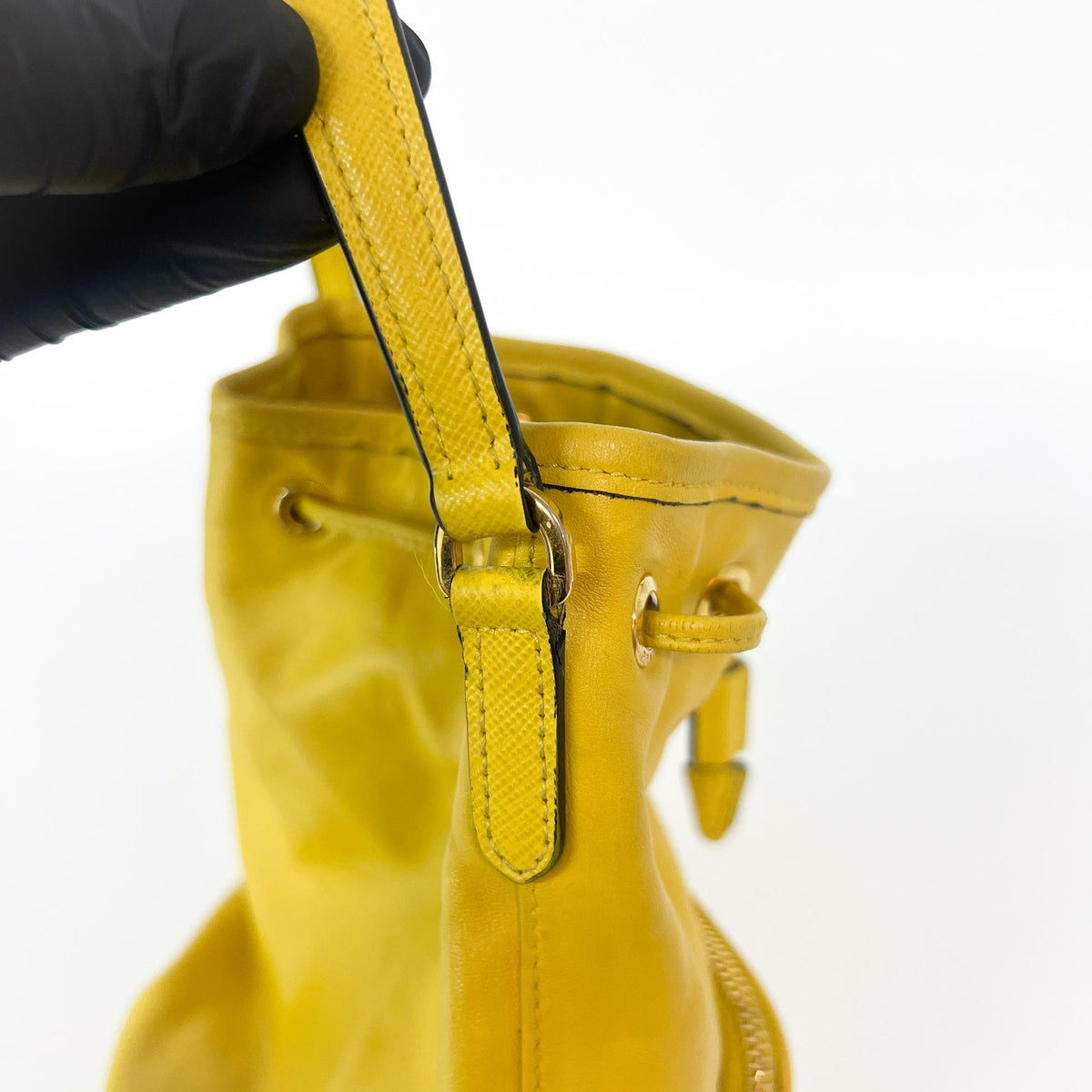 Prada Duet Drawstring Bucket Leather Yellow Leather Handbag (Pre-Owned)