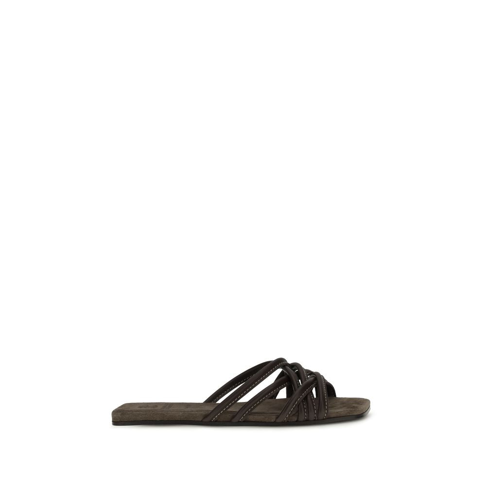 Brunello Cucinelli Brown Calf Leather Bos Taurus Flat Women's Sandals