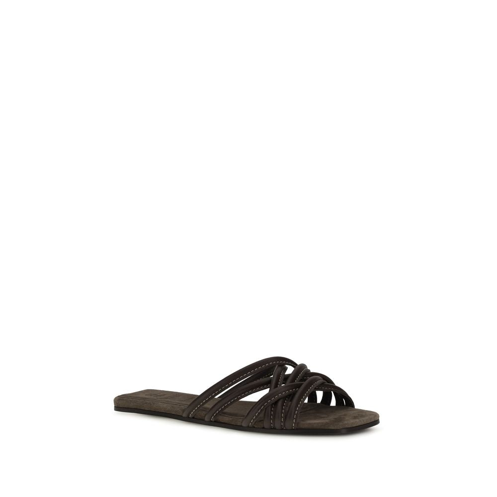 Brunello Cucinelli Brown Calf Leather Bos Taurus Flat Women's Sandals