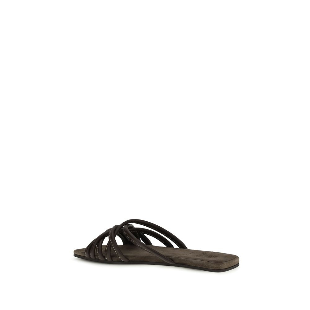 Brunello Cucinelli Brown Calf Leather Bos Taurus Flat Women's Sandals
