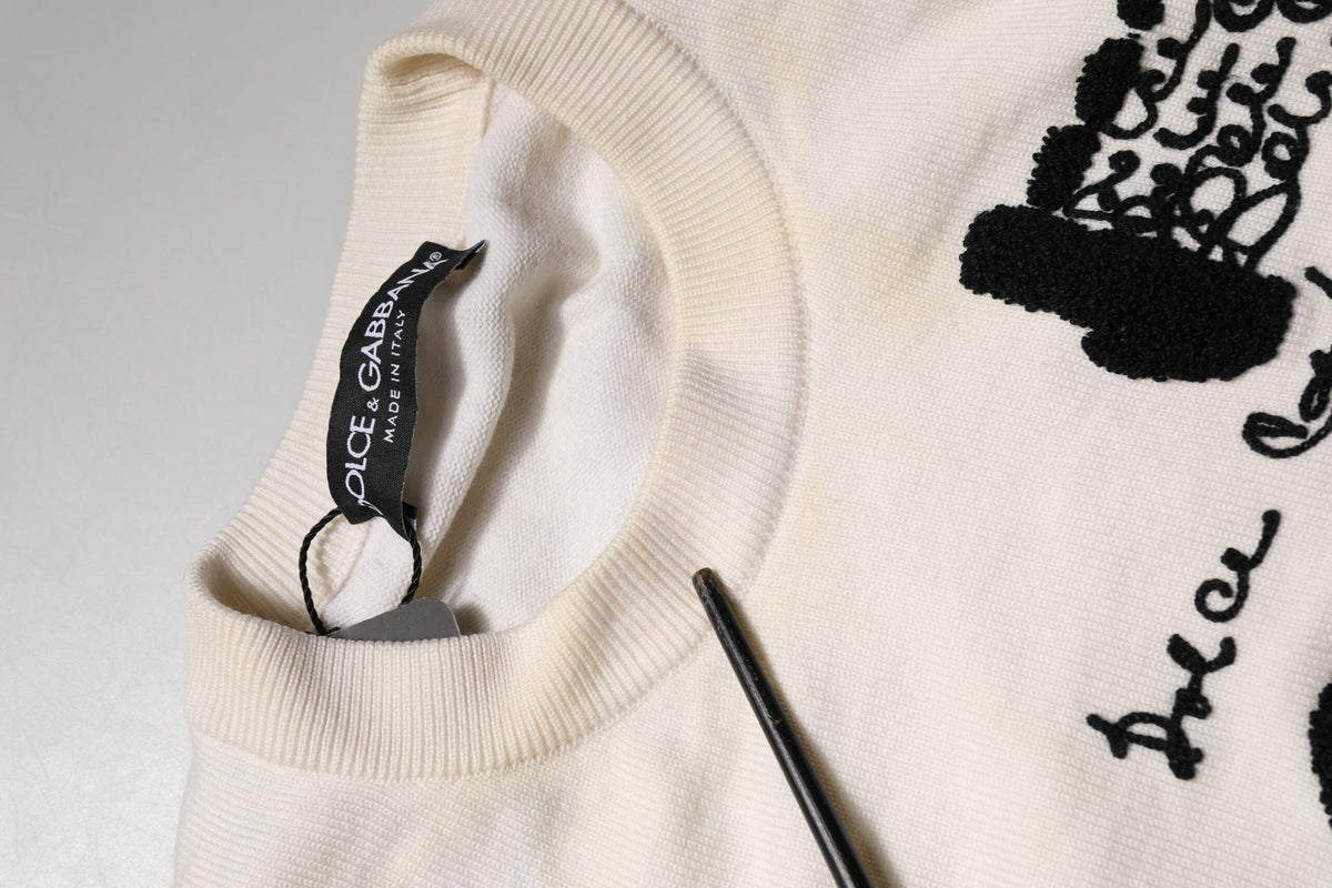 Dolce & Gabbana White Virgin Wool Graphic Logo Crewneck Men's Sweater