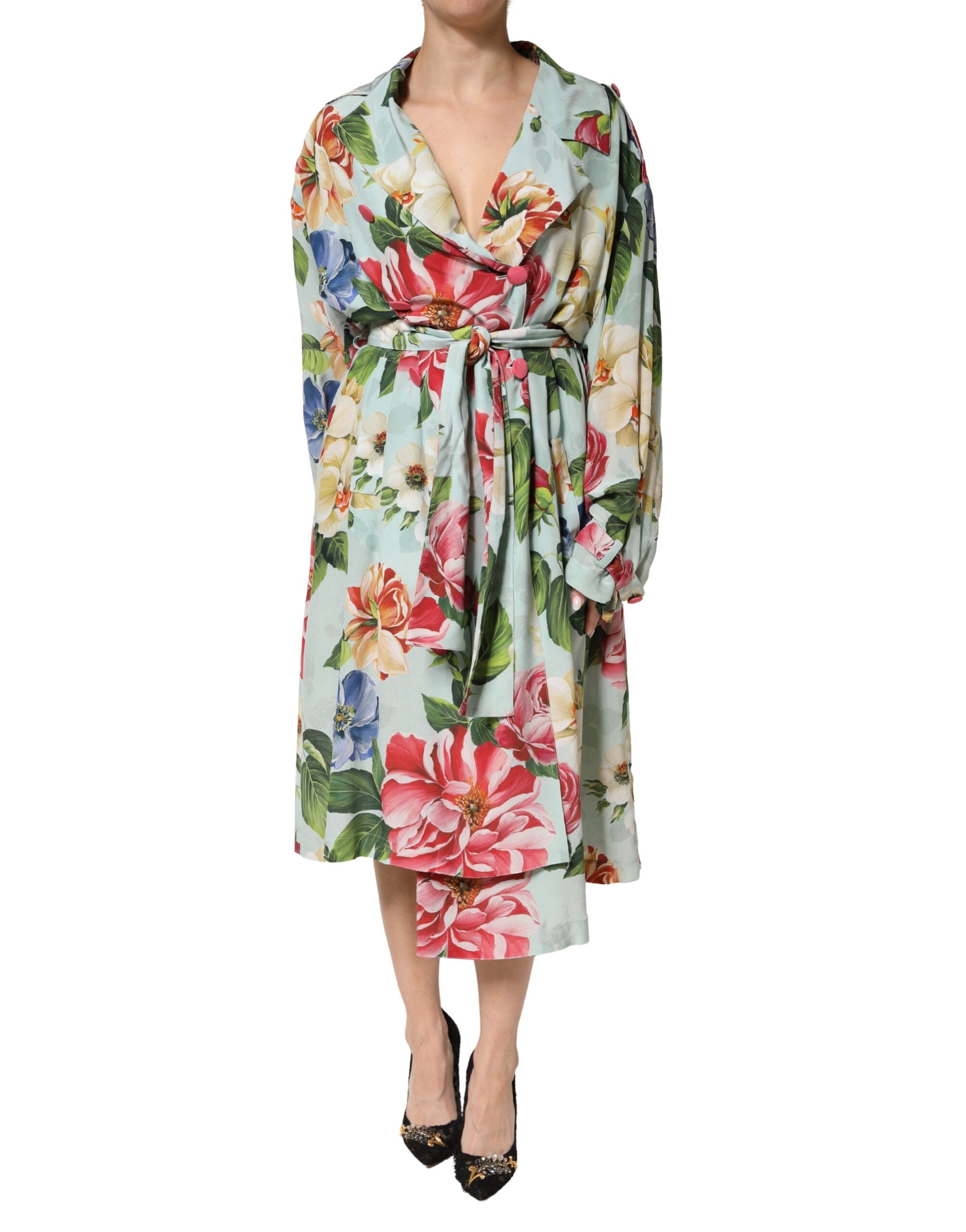 Dolce & Gabbana Green Floral Silk Wrap Midi Long Sleeve Women's Dress