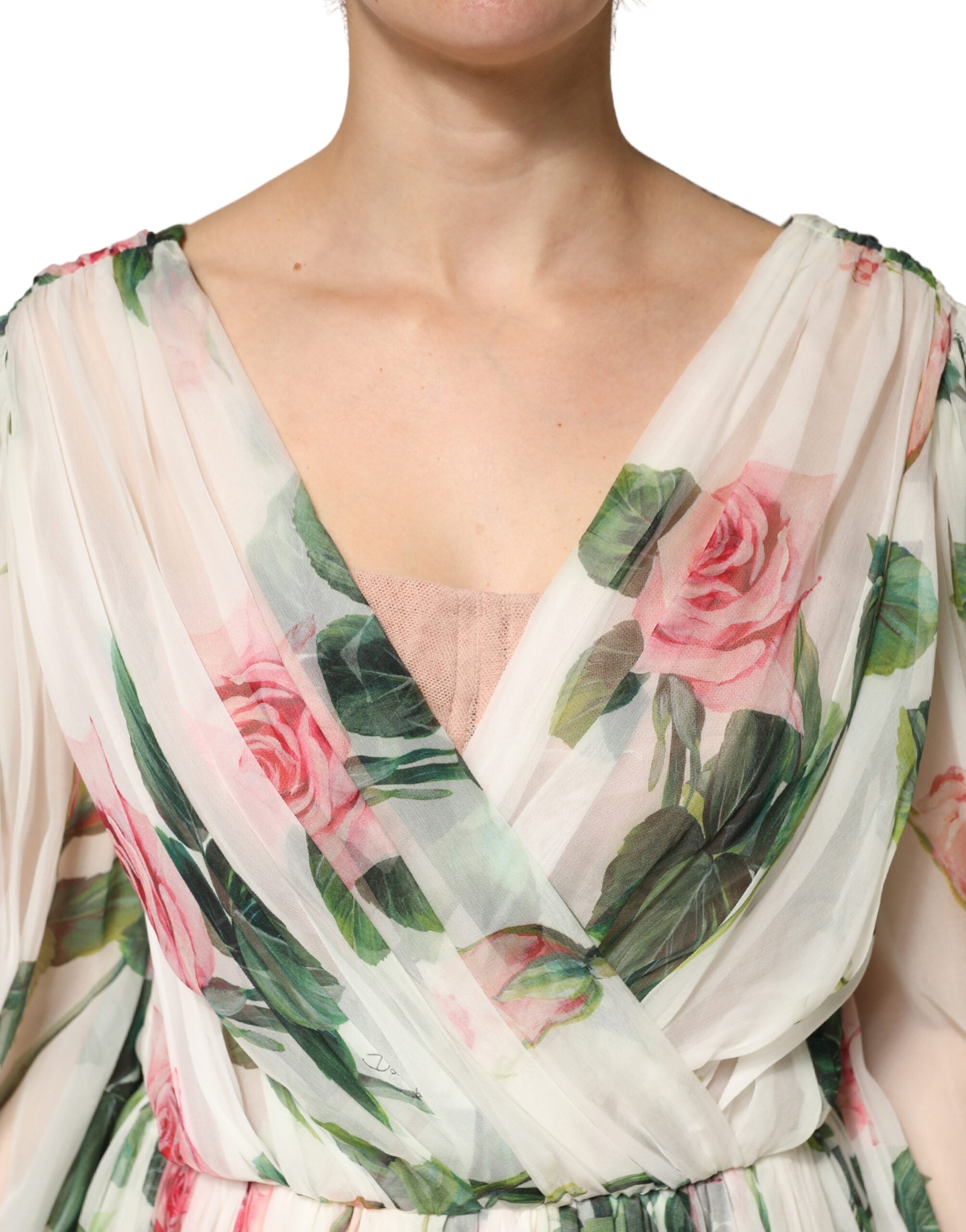 Dolce & Gabbana Green Floral Silk Wrap Midi Long Sleeve Women's Dress