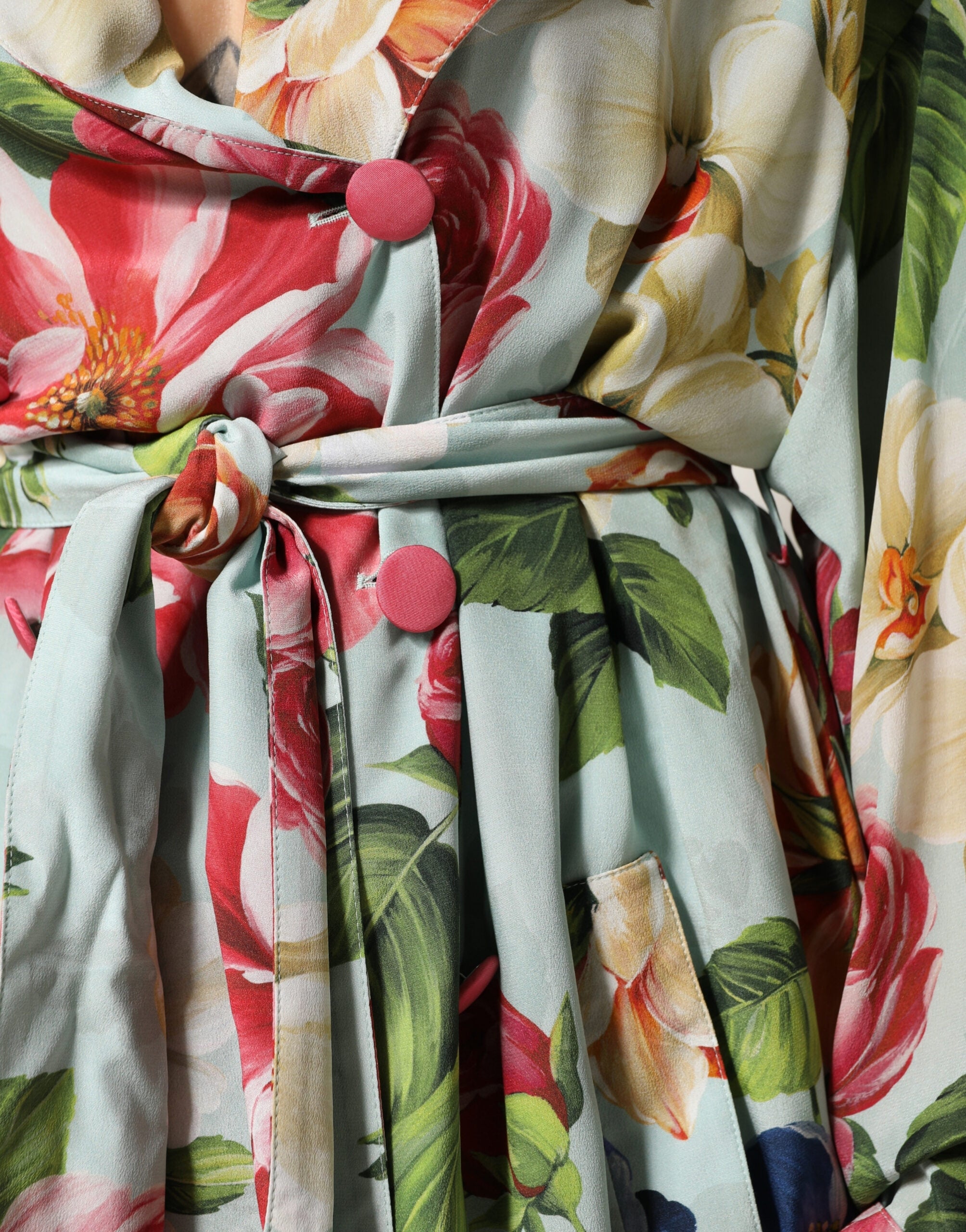 Dolce & Gabbana Green Floral Silk Wrap Midi Long Sleeve Women's Dress