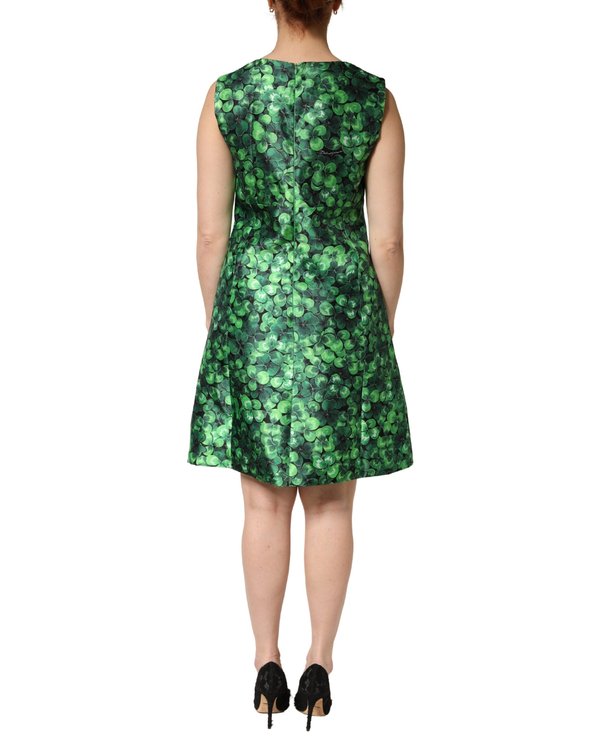 Dolce & Gabbana Green Clover Print Sleeveless A-Line  Women's Dress
