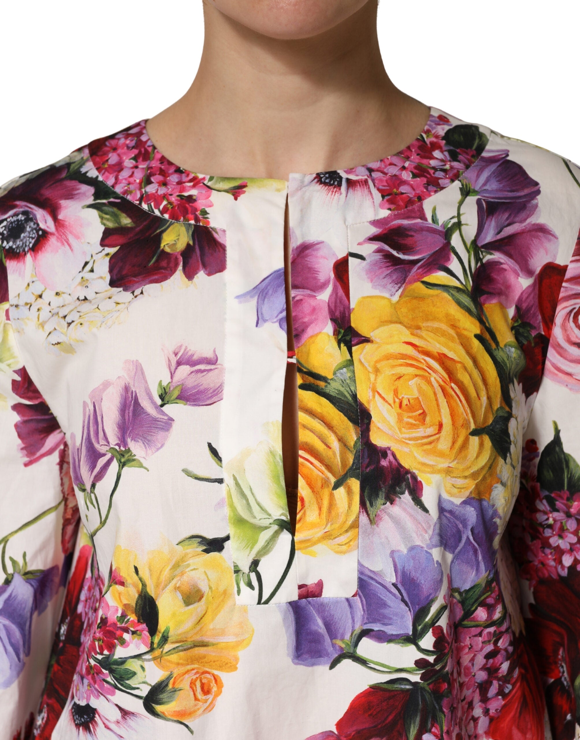 Dolce & Gabbana Multicolor Floral Cotton Longsleeves Midi Women's Dress