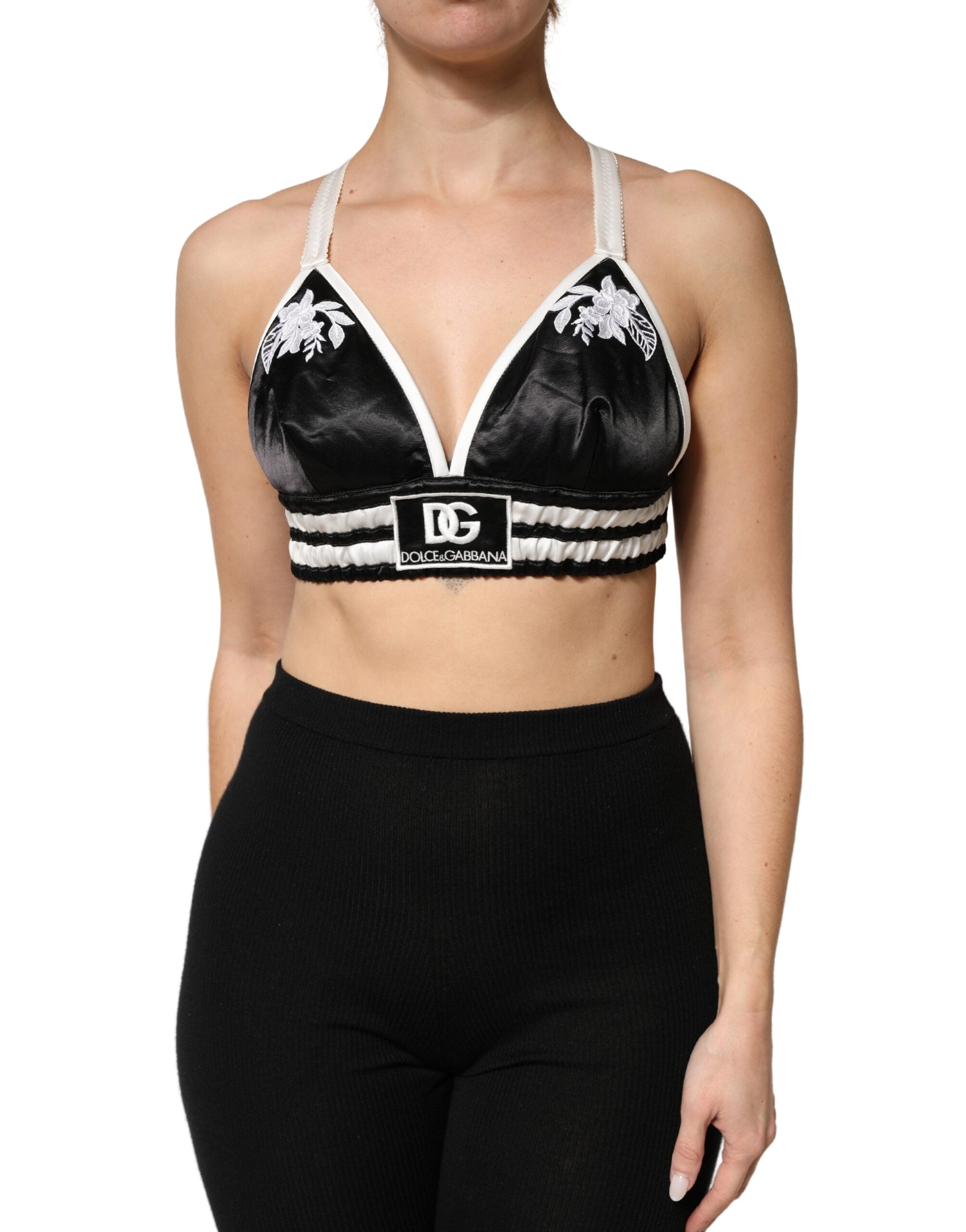 Dolce & Gabbana Black Floral Silk Satin Crop Logo Bralette Women's Top