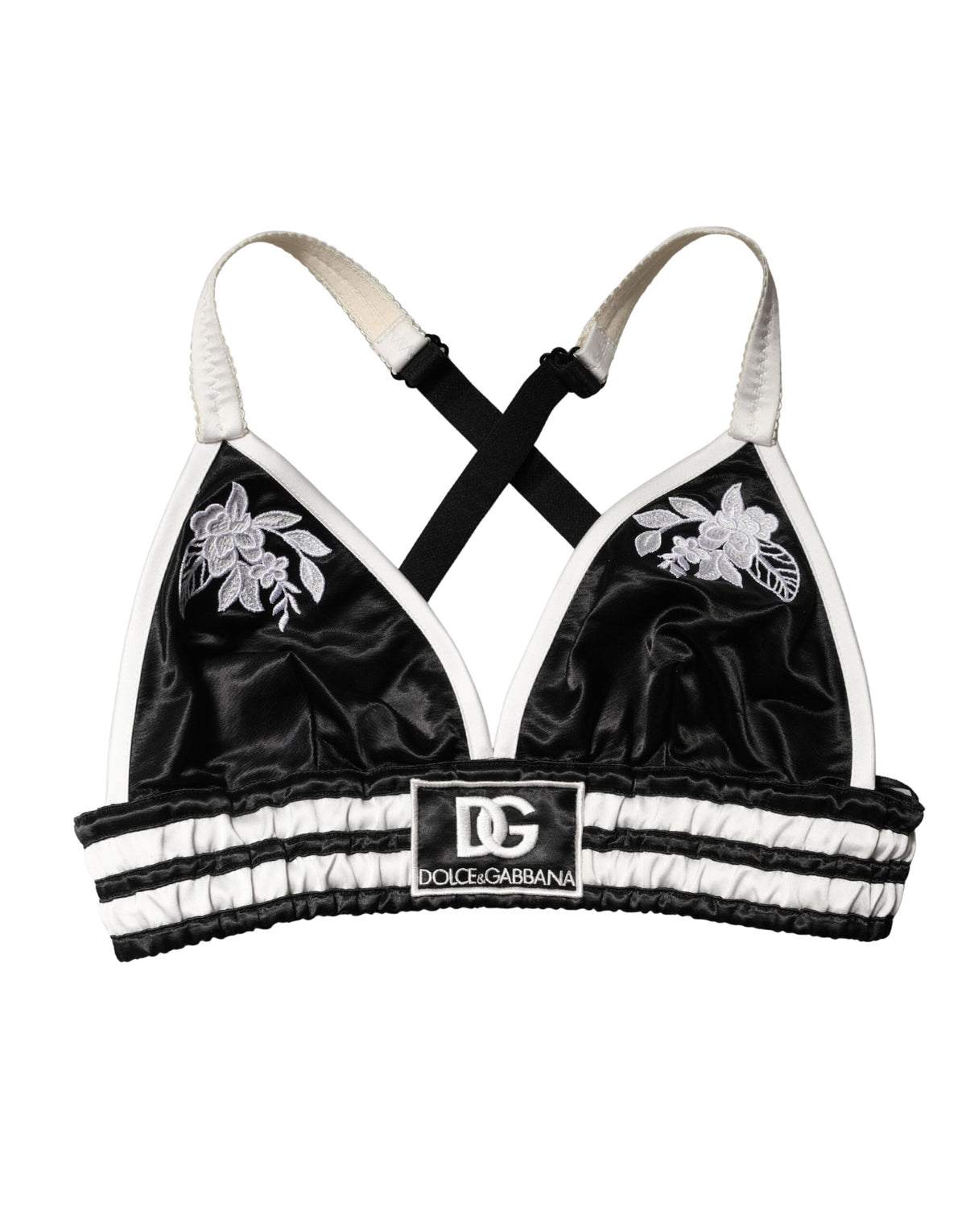 Dolce & Gabbana Black Floral Silk Satin Crop Logo Bralette Women's Top