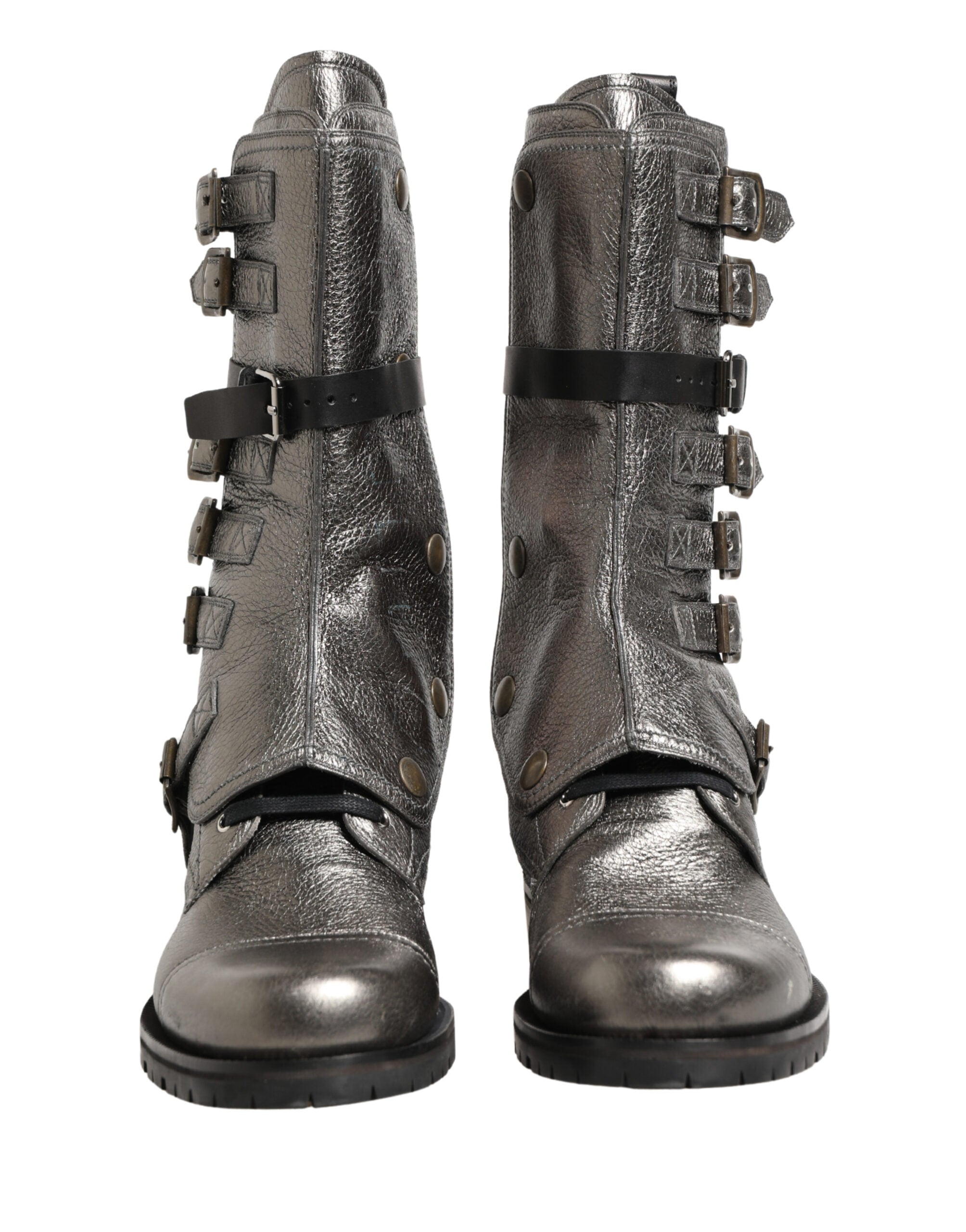 Dolce & Gabbana Metallic Leather Buckle Combat Boots Men's Shoes