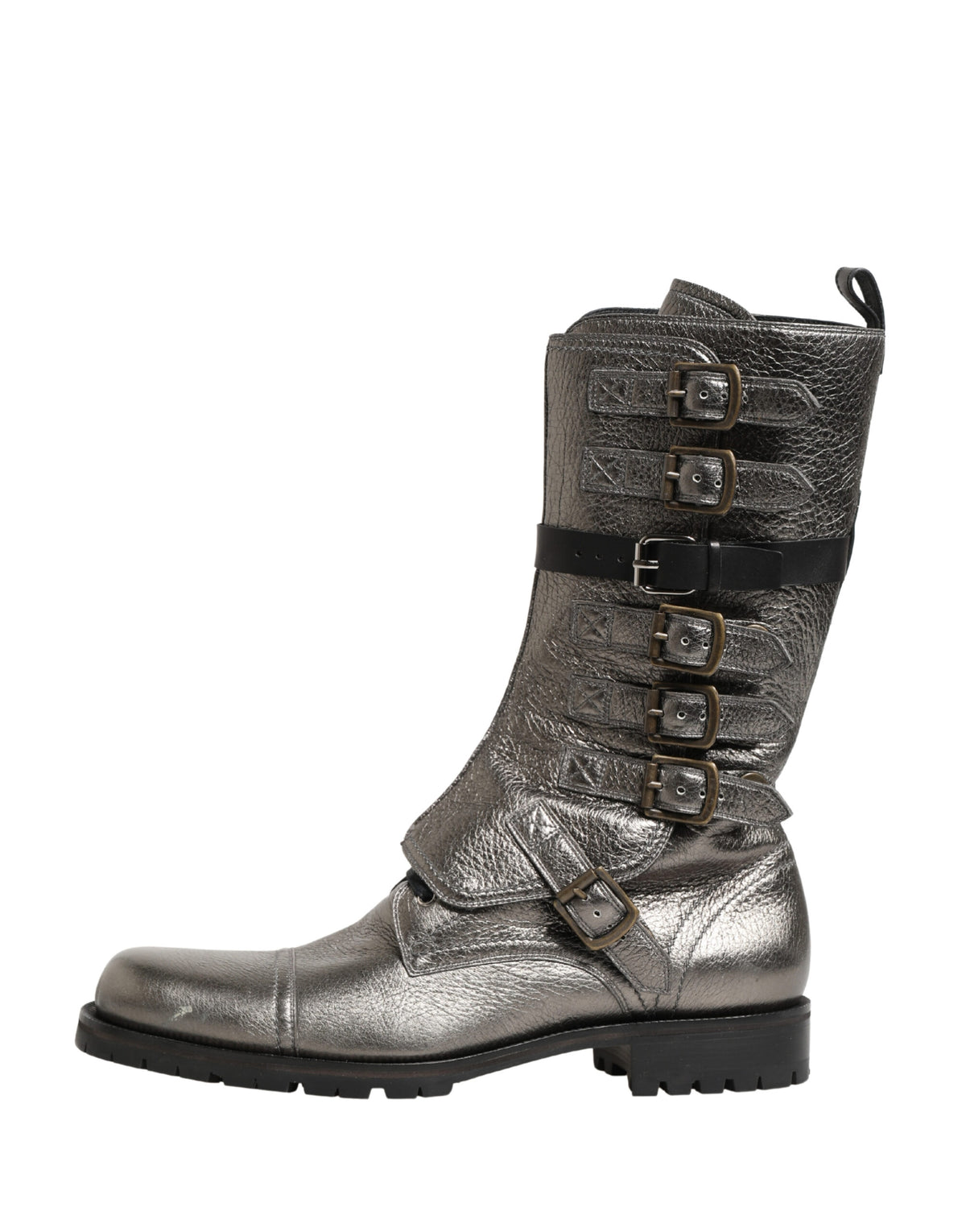 Dolce & Gabbana Metallic Leather Buckle Combat Boots Men's Shoes