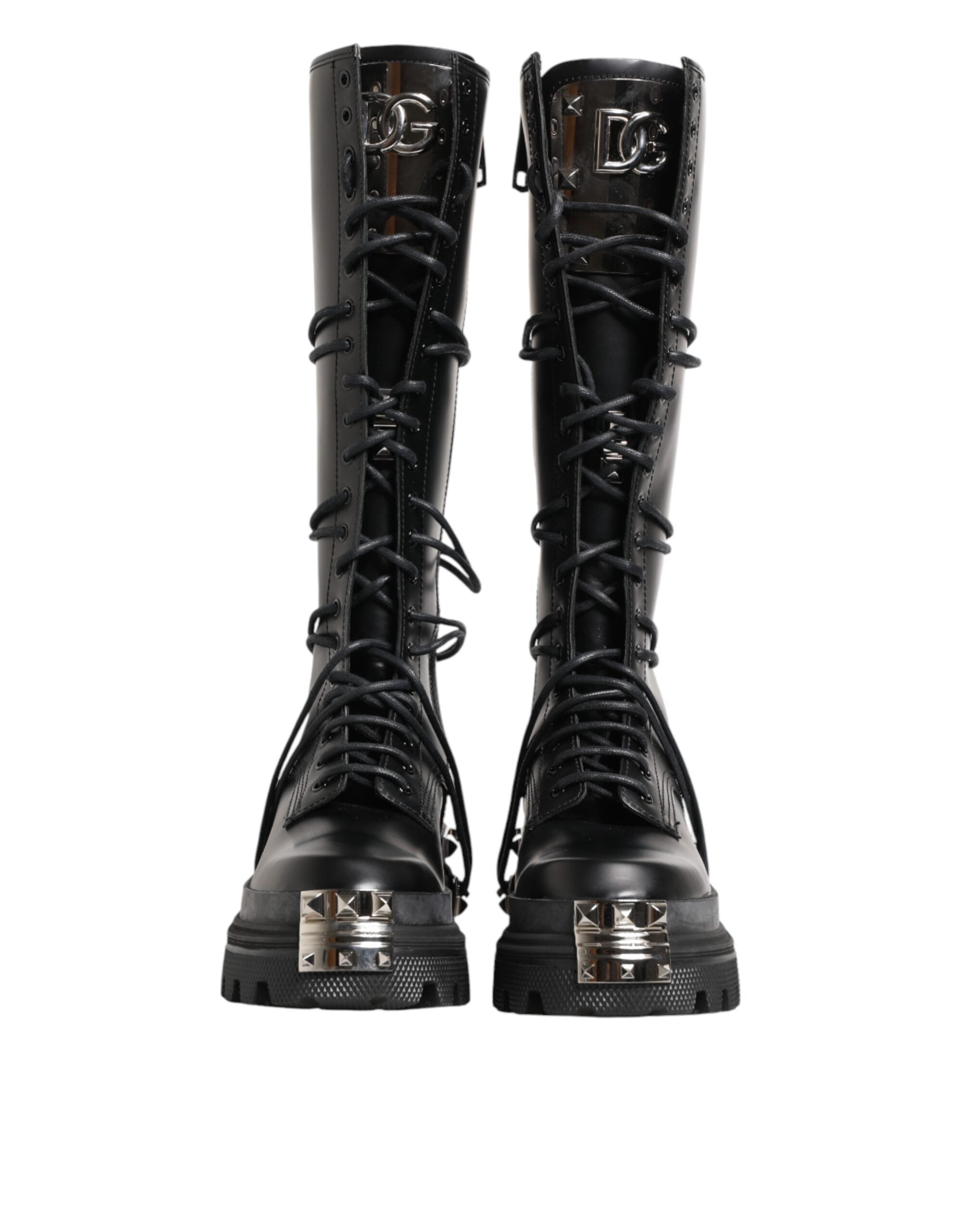 Dolce & Gabbana Black Leather Knee High Combat Boots Men's Shoes