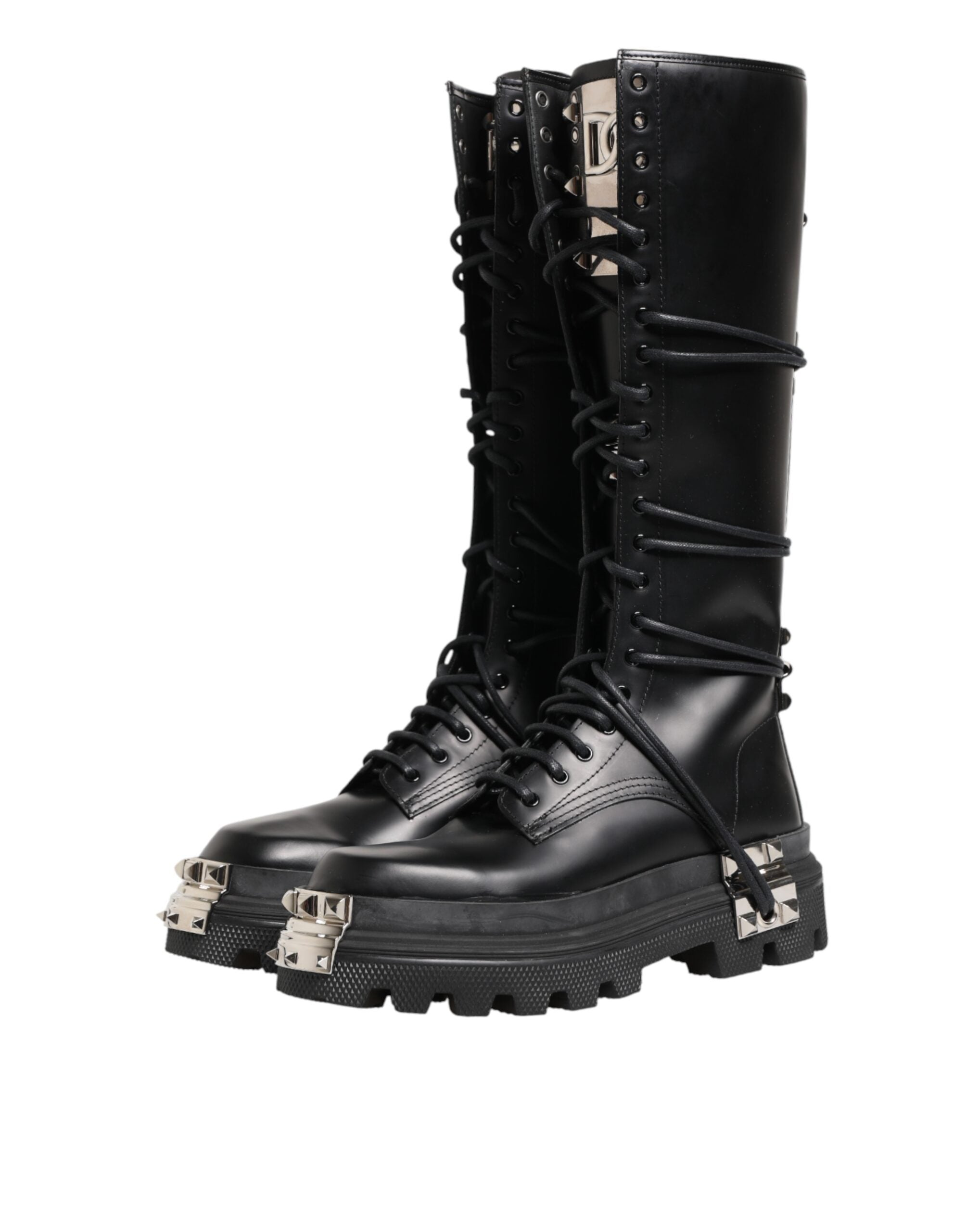 Dolce & Gabbana Black Leather Knee High Combat Boots Men's Shoes